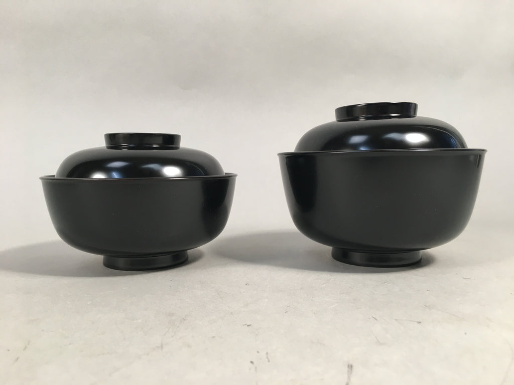 Japanese Wooden Lacquer Lidded Bowl Pair Set Vtg Black Owan Soup Rice PX514