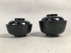Japanese Wooden Lacquer Lidded Bowl Pair Set Vtg Black Owan Soup Rice PX514