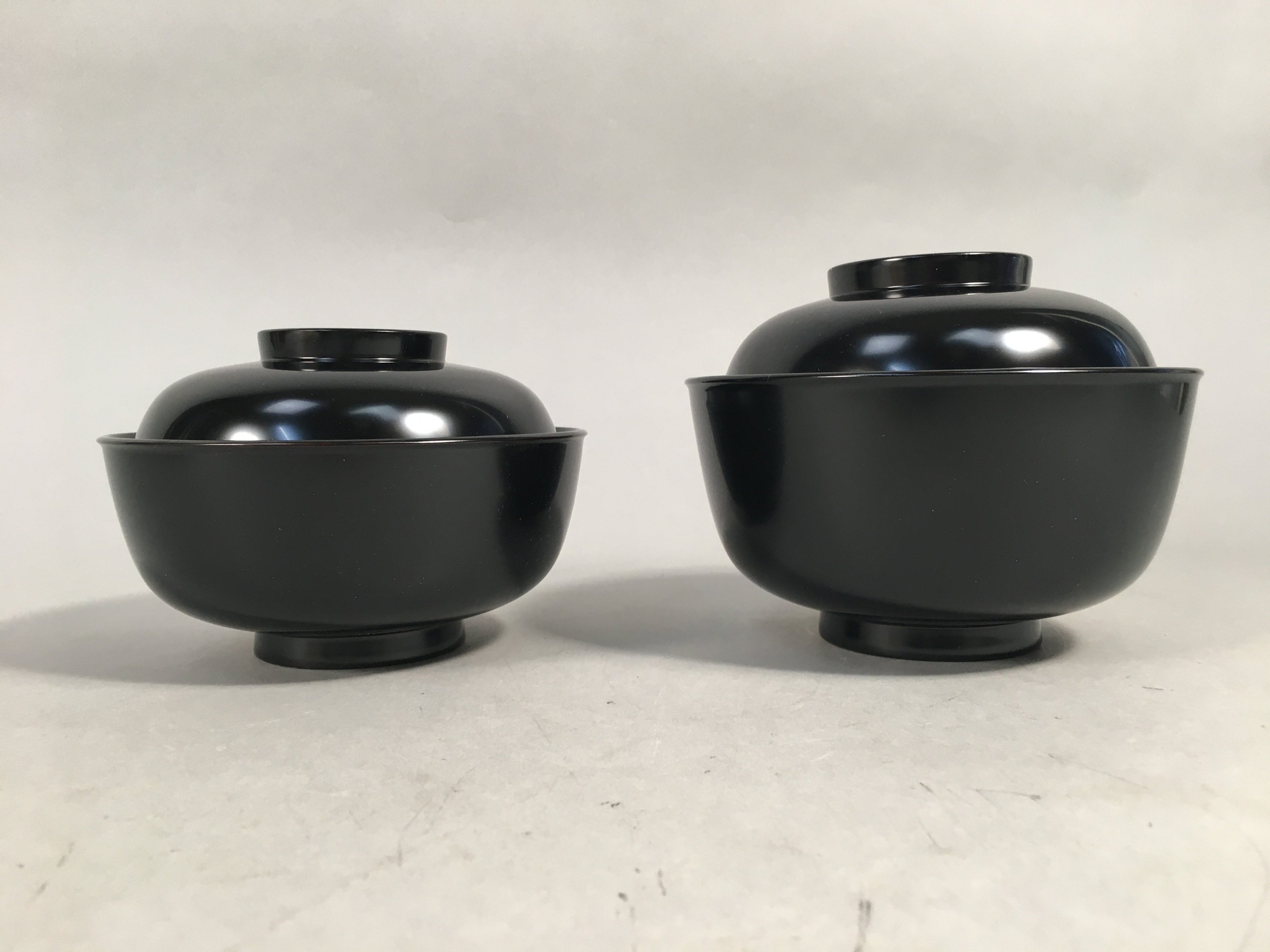 Japanese Wooden Lacquer Lidded Bowl Pair Set Vtg Black Owan Soup Rice PX514