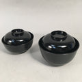 Japanese Wooden Lacquer Lidded Bowl Pair Set Vtg Black Owan Soup Rice PX514