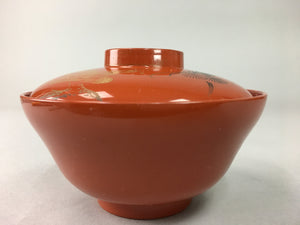 Japanese Wooden Lacquer Lidded Bowl Vtg Red Owan Chinkin Soup Rice QT81