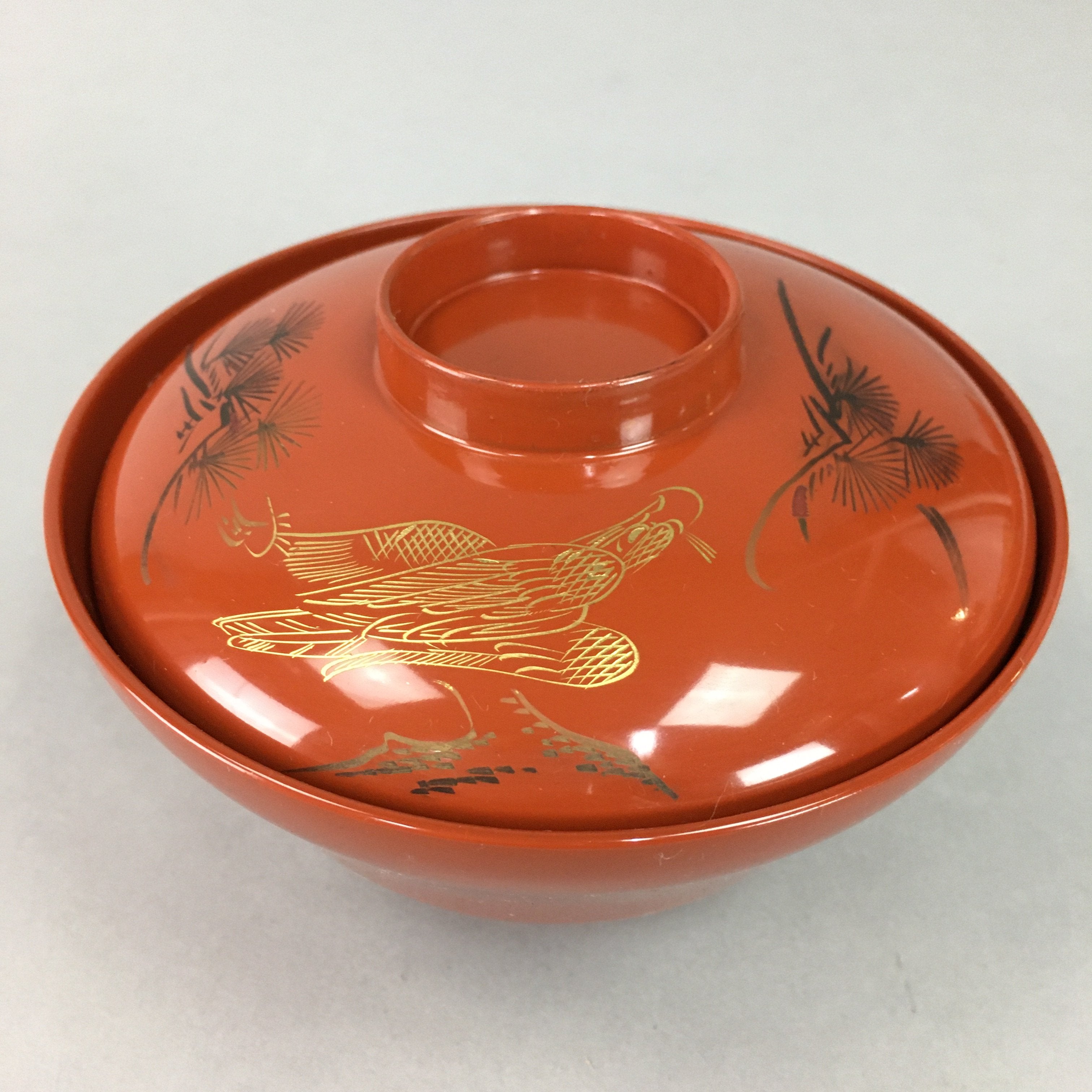 Japanese Wooden Lacquer Lidded Bowl Vtg Red Owan Chinkin Soup Rice QT81