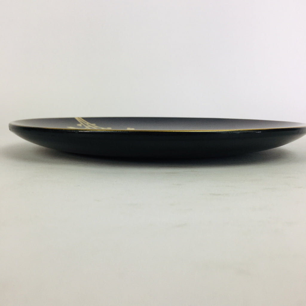 Japanese Wooden Lacquer Plate Vtg Nurimono Black Gold Chrysanthemum Sara UR517
