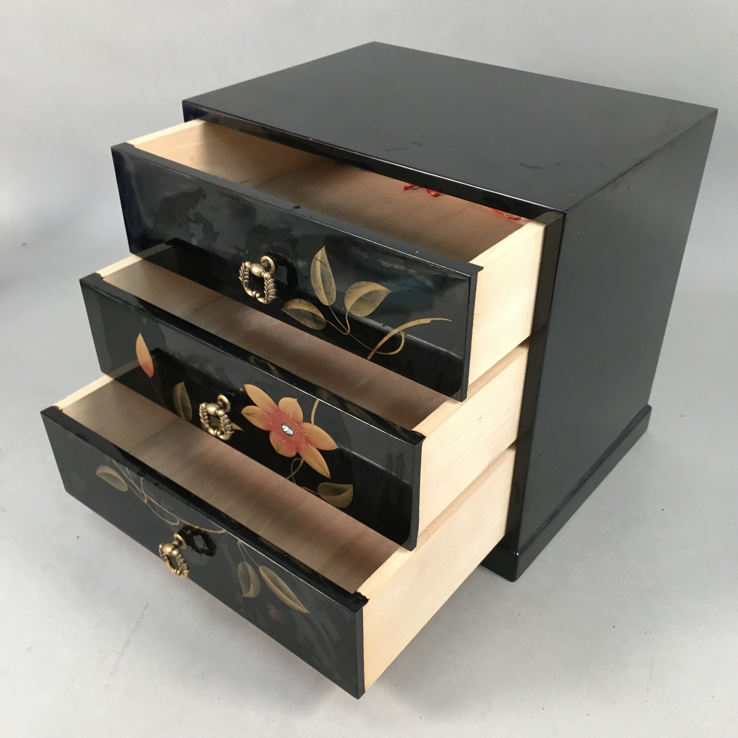 Japanese Wooden Lacquer Sewing Box Vtg Haribako Chest Tansu 3Drawers T236