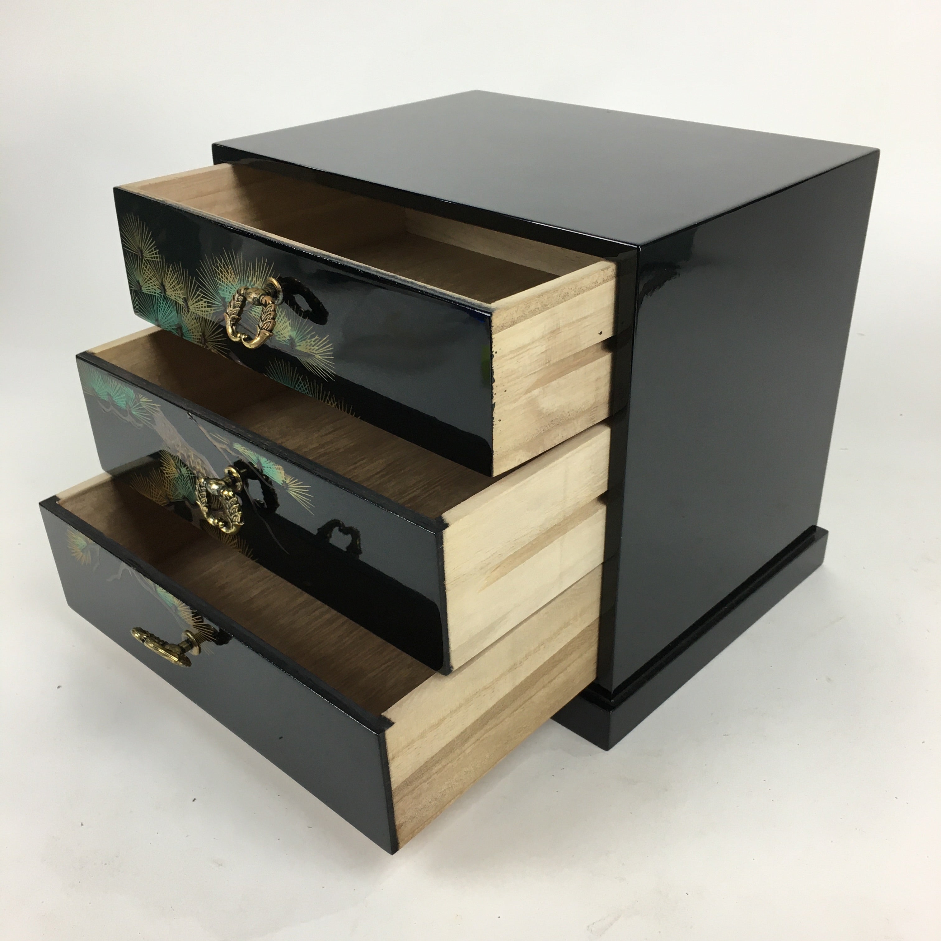 Japanese Wooden Lacquer Sewing Box Vtg Haribako Chest Tansu 3Drawers T274
