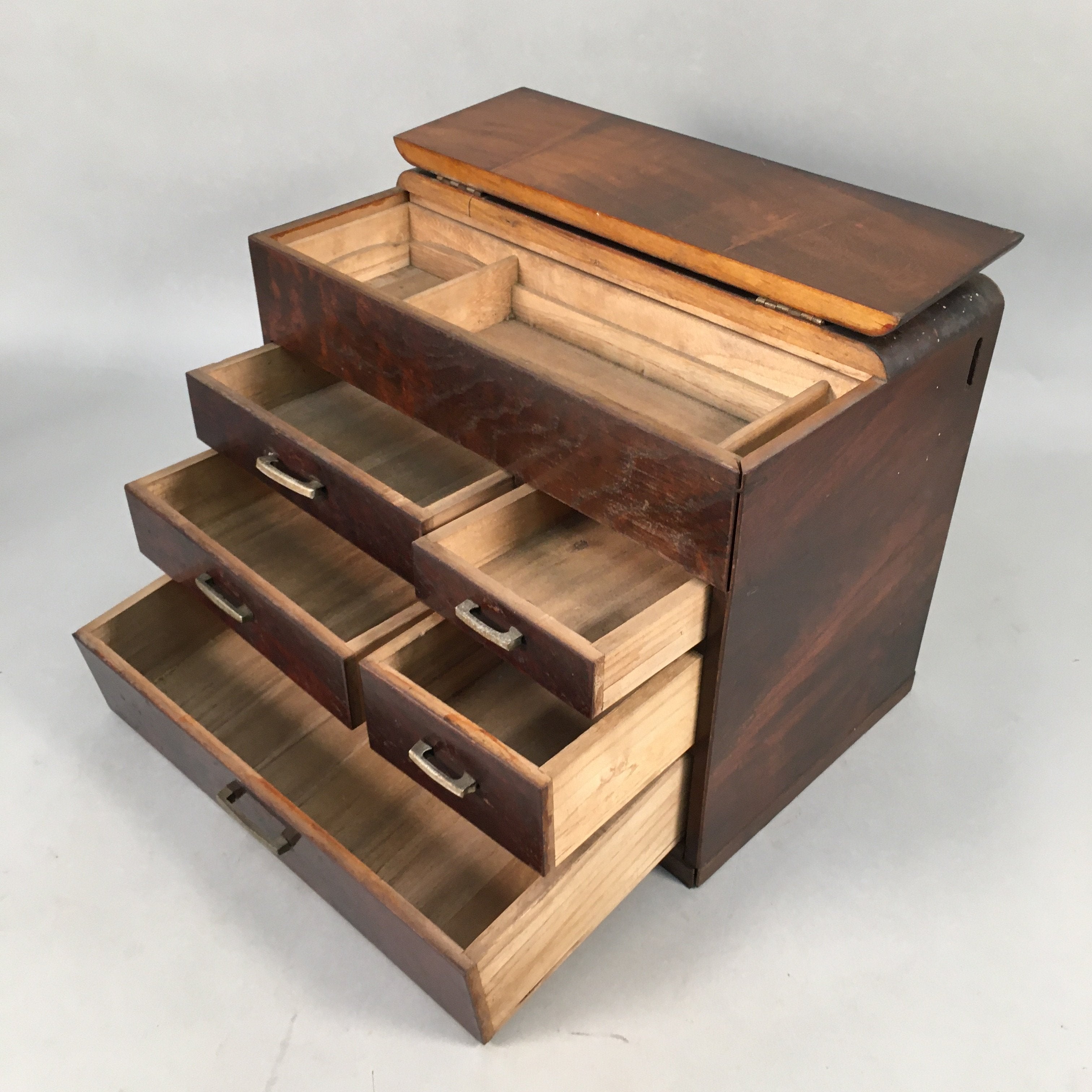 Japanese Wooden Lacquer Sewing Box Vtg Haribako Chest Tansu 5Drawers T237