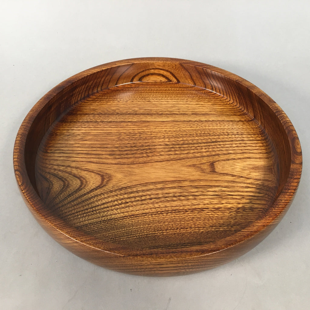 Japanese Wooden Lacquer Tray Round Obon Vtg Grain Nurimono Brown LWB36