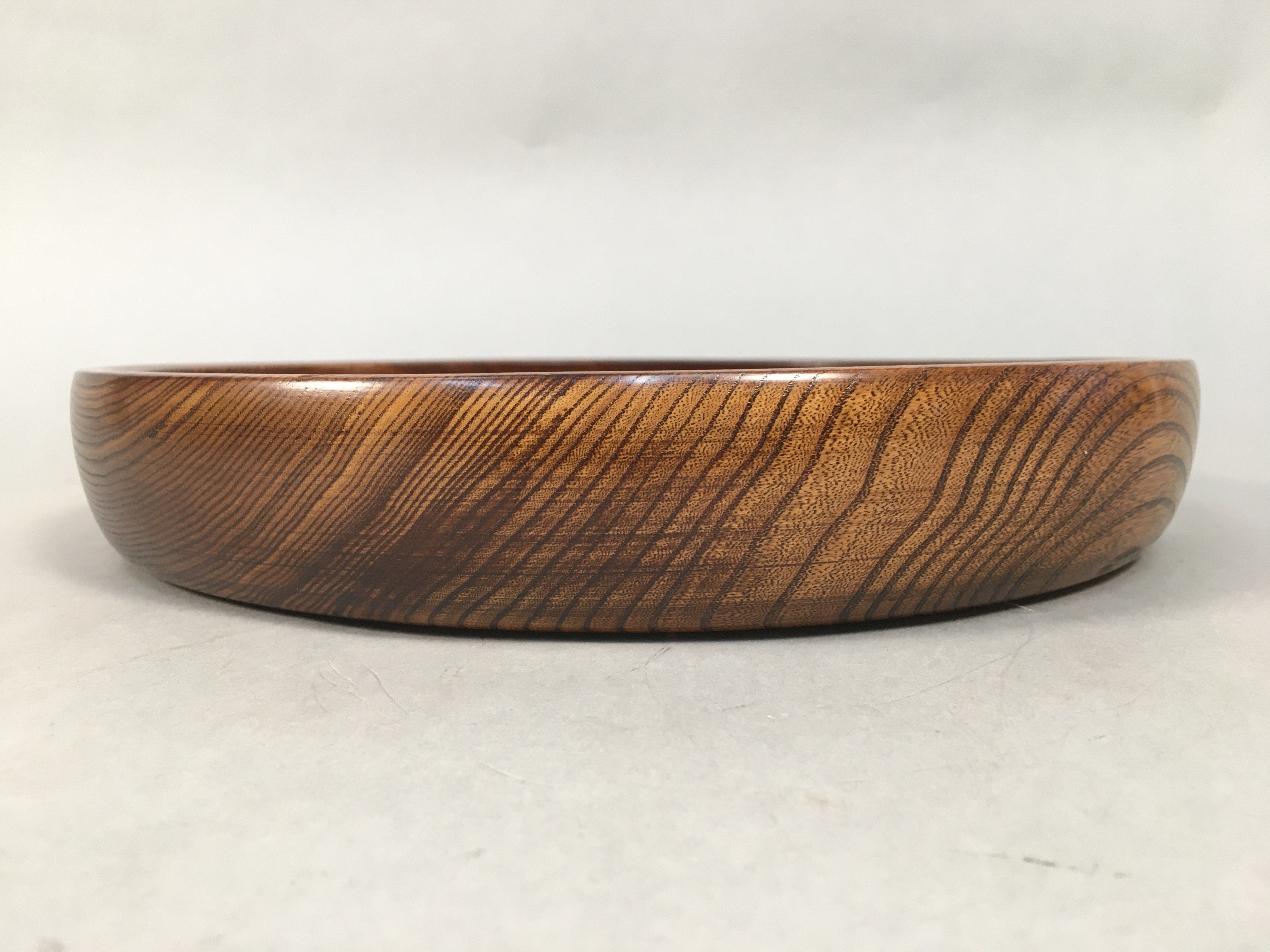 Japanese Wooden Lacquer Tray Round Obon Vtg Grain Nurimono Brown LWB36