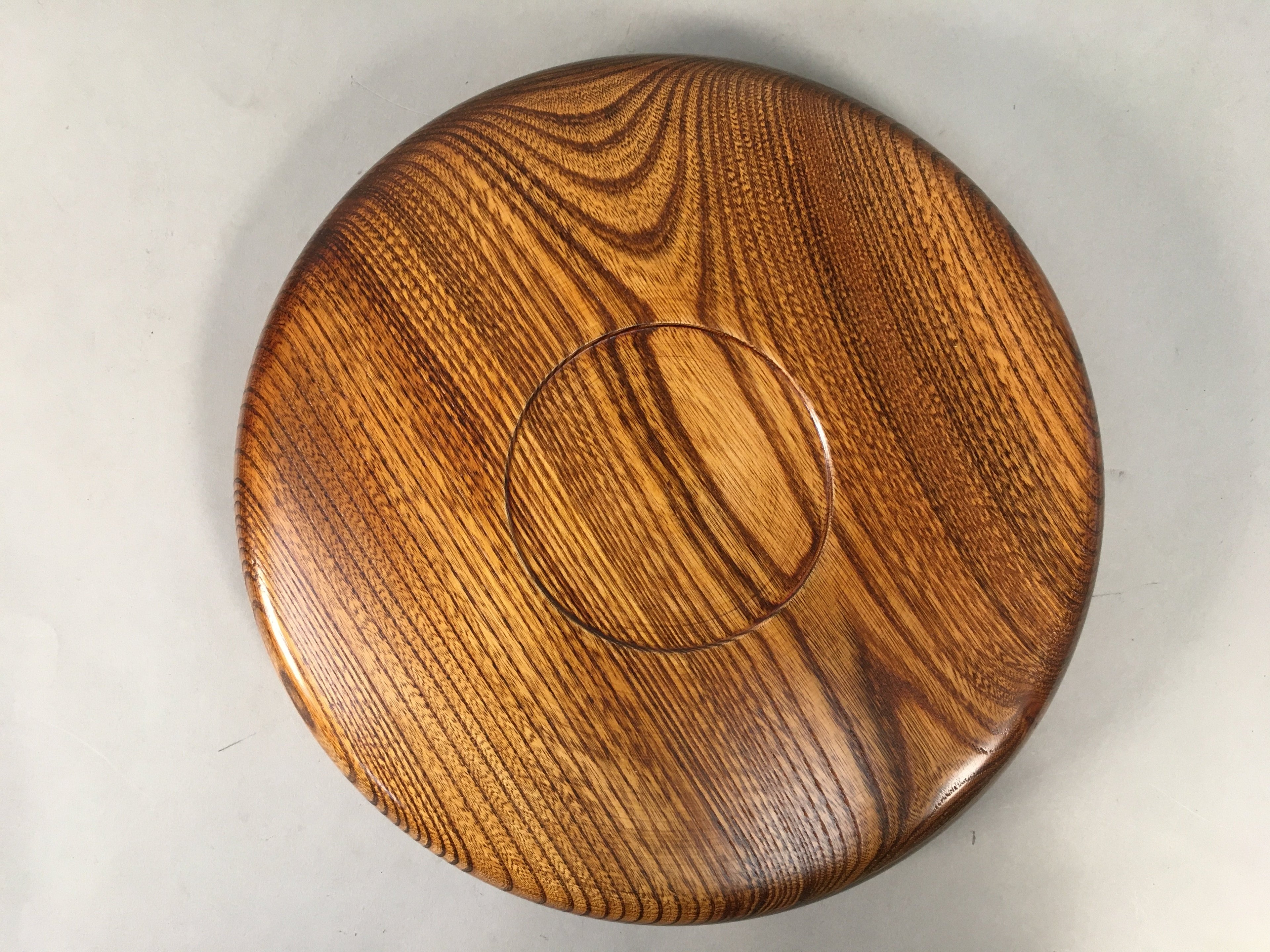 Japanese Wooden Lacquer Tray Round Obon Vtg Grain Nurimono Brown LWB36