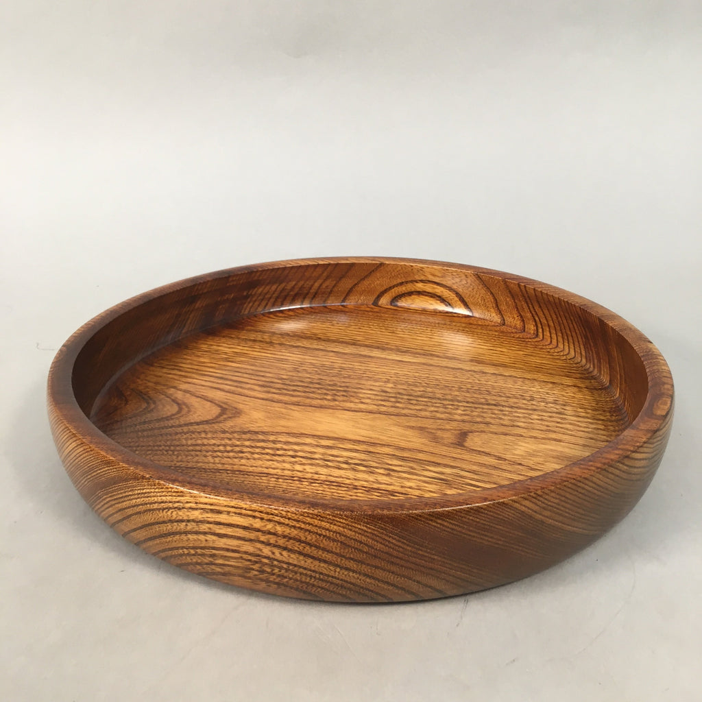 Japanese Wooden Lacquer Tray Round Obon Vtg Grain Nurimono Brown LWB36