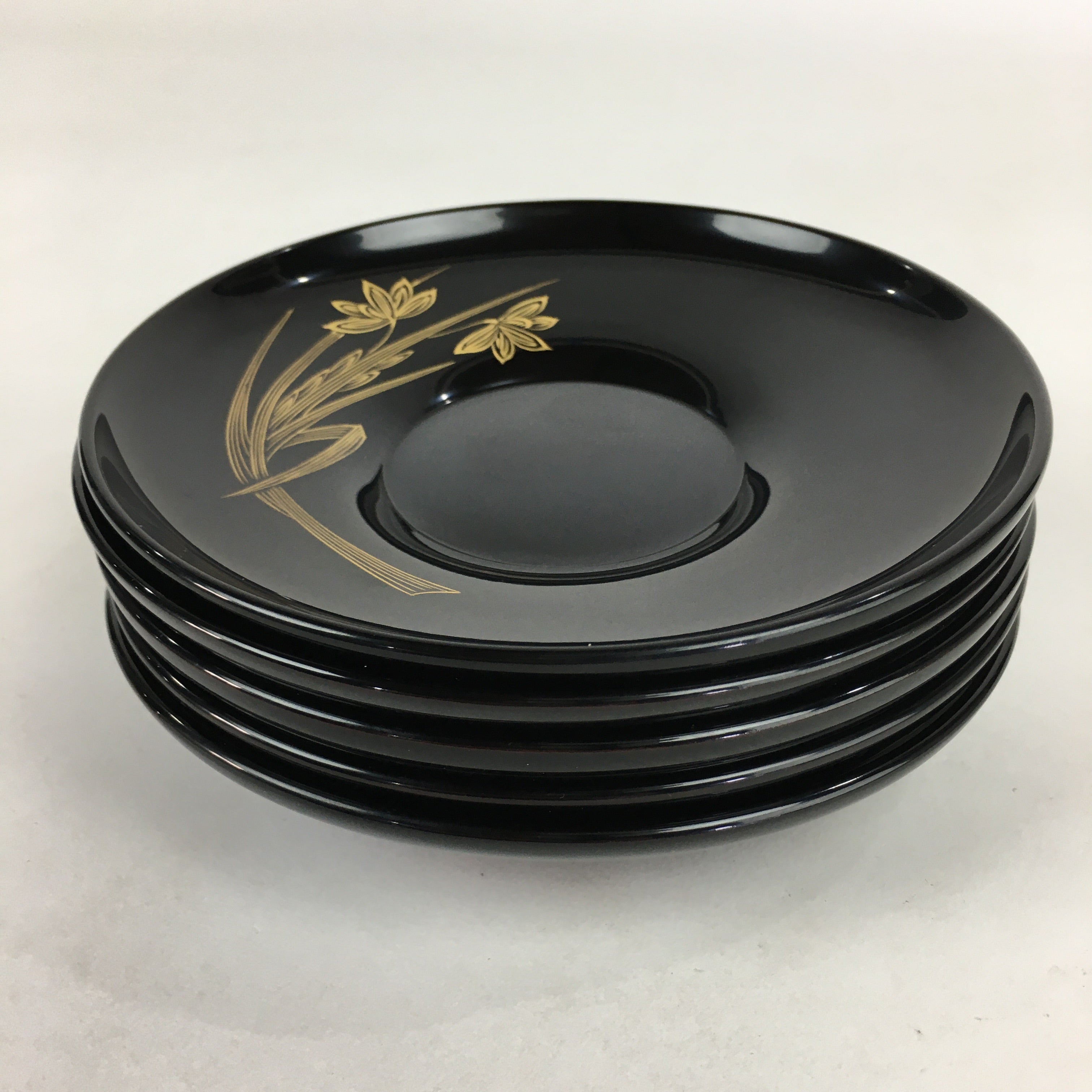 Japanese Wooden Lacquered Drink Saucer 5pc Set Vtg Chataku Coaster Black UR694