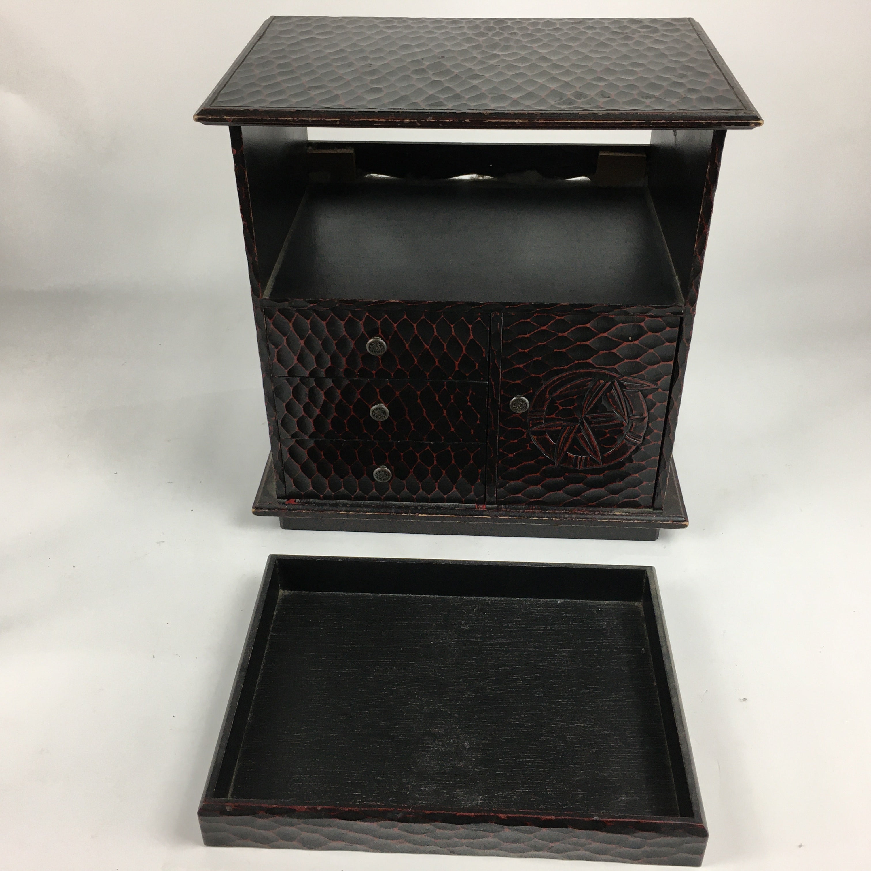Japanese Wooden Lacquered Kamakura-Bori Tansu Vtg Tray Chest Brown Red T294