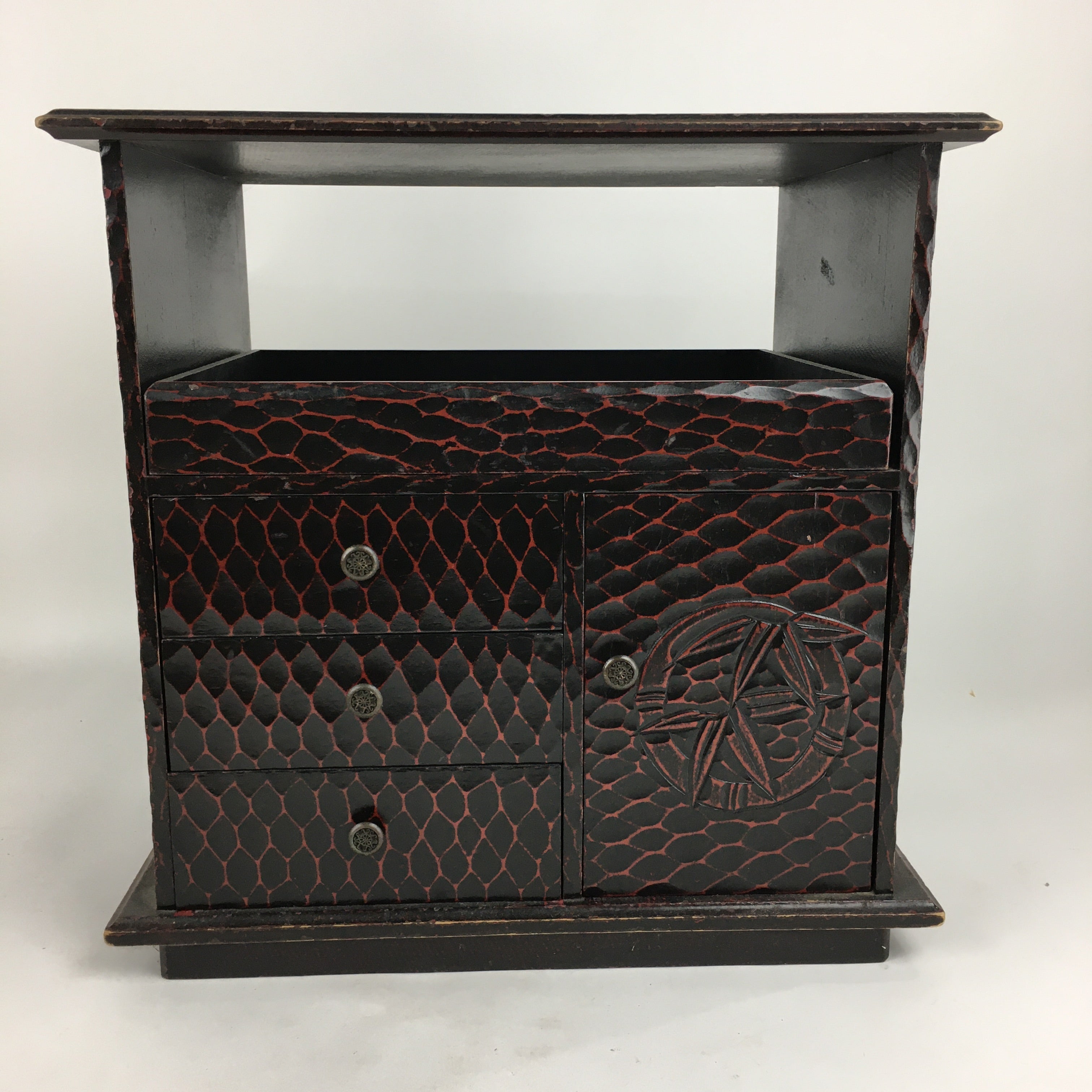 Japanese Wooden Lacquered Kamakura-Bori Tansu Vtg Tray Chest Brown Red T294
