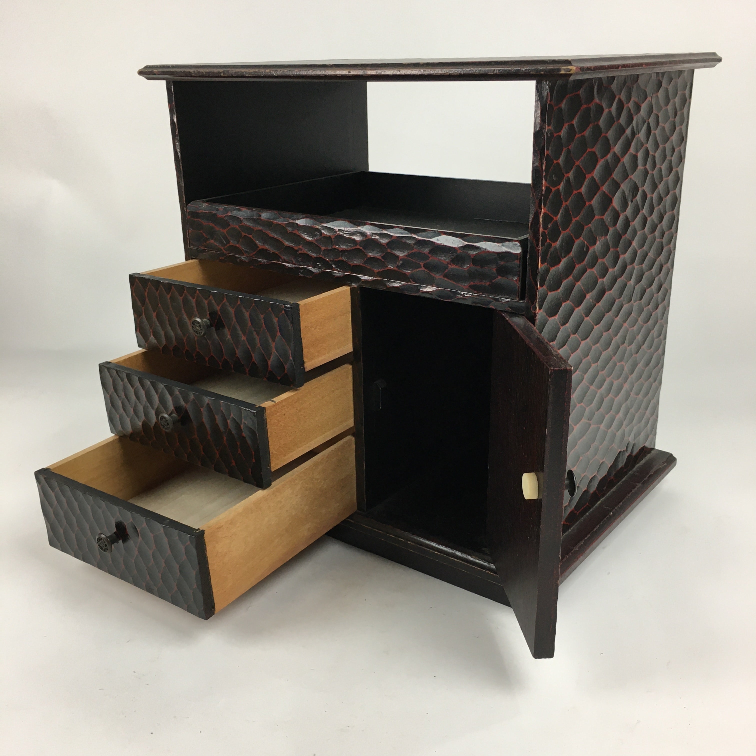 Japanese Wooden Lacquered Kamakura-Bori Tansu Vtg Tray Chest Brown Red T294