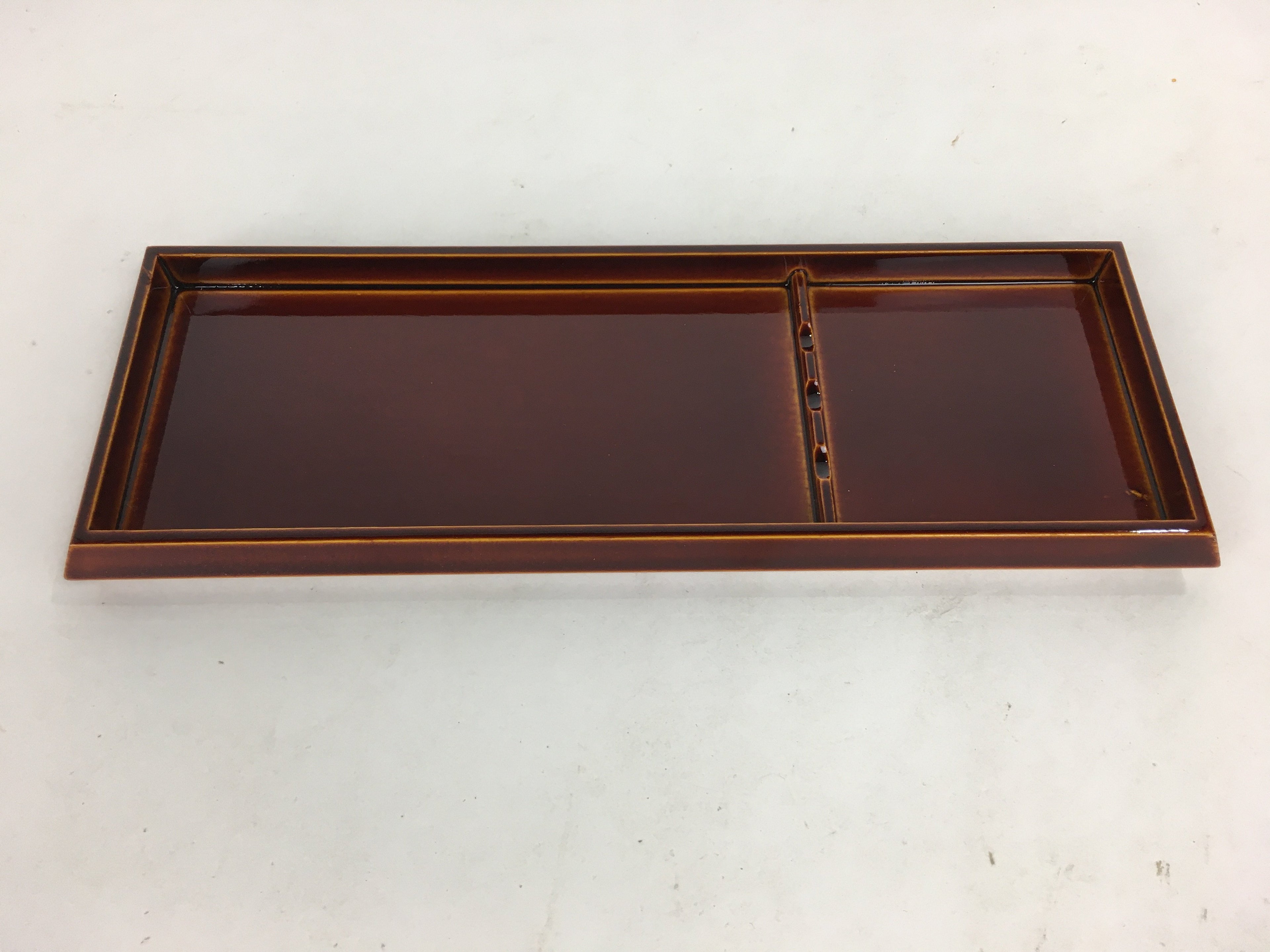 Japanese Wooden Lacquered Pen Holder Tray Vtg Shunkei-Nuri Rectangle Brown UR585