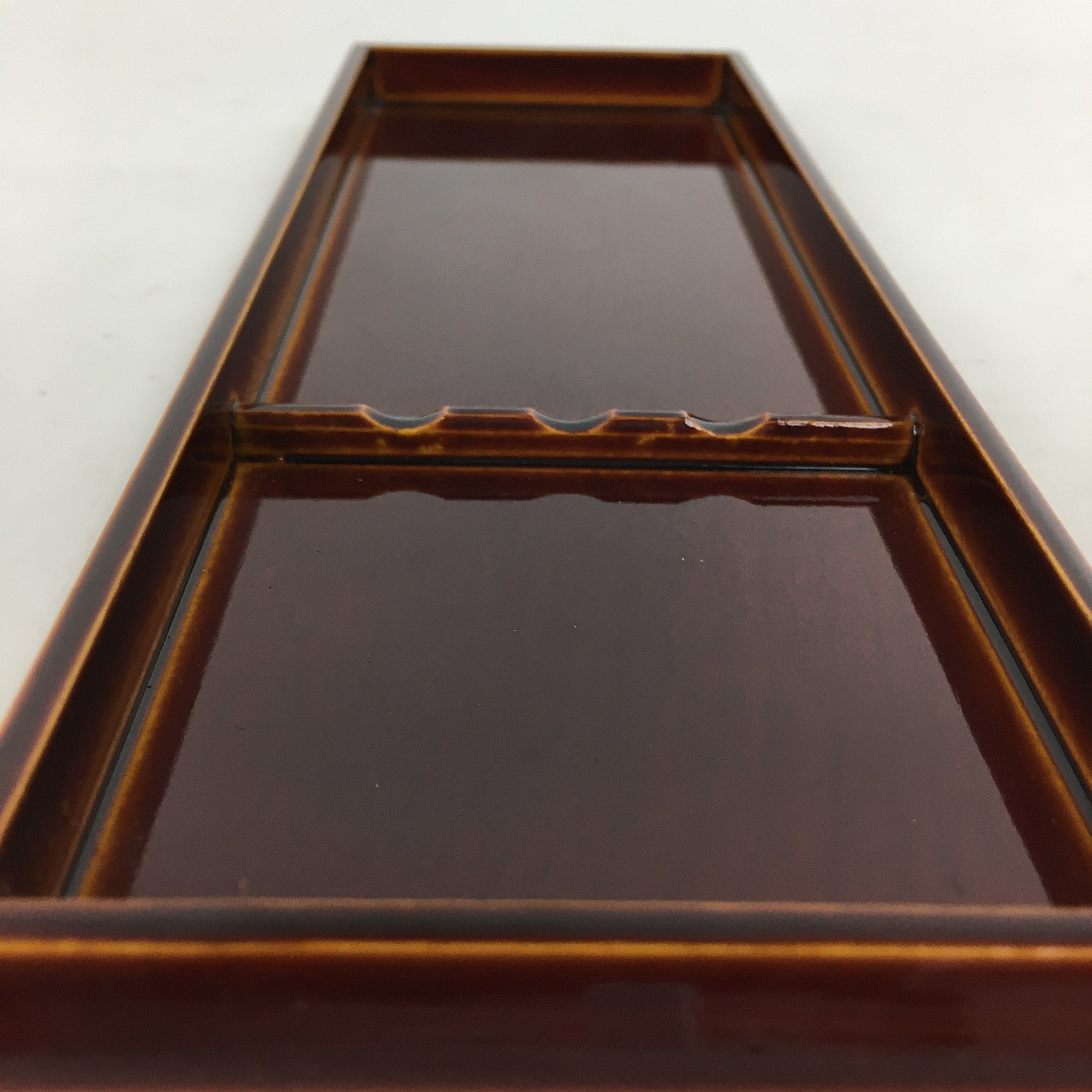 Japanese Wooden Lacquered Pen Holder Tray Vtg Shunkei-Nuri Rectangle Brown UR585