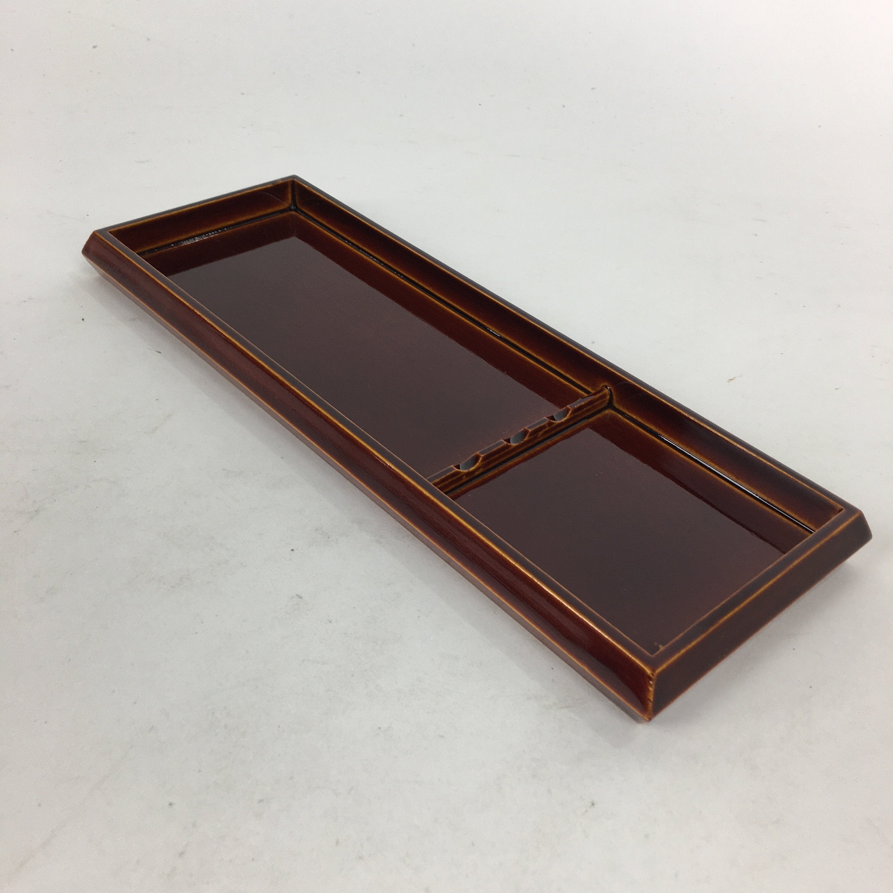 Japanese Wooden Lacquered Pen Holder Tray Vtg Shunkei-Nuri Rectangle Brown UR585