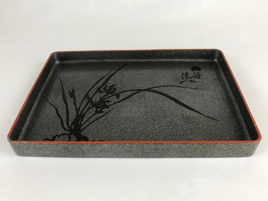 Japanese Wooden Lacquered Serving Tray Vtg Obon Grey Black Orchid UR863