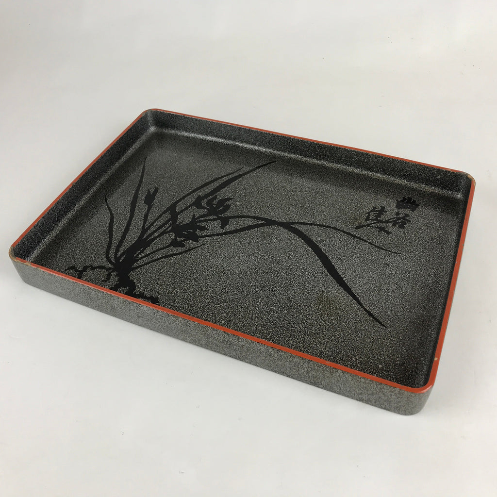 Japanese Wooden Lacquered Serving Tray Vtg Obon Grey Black Orchid UR863