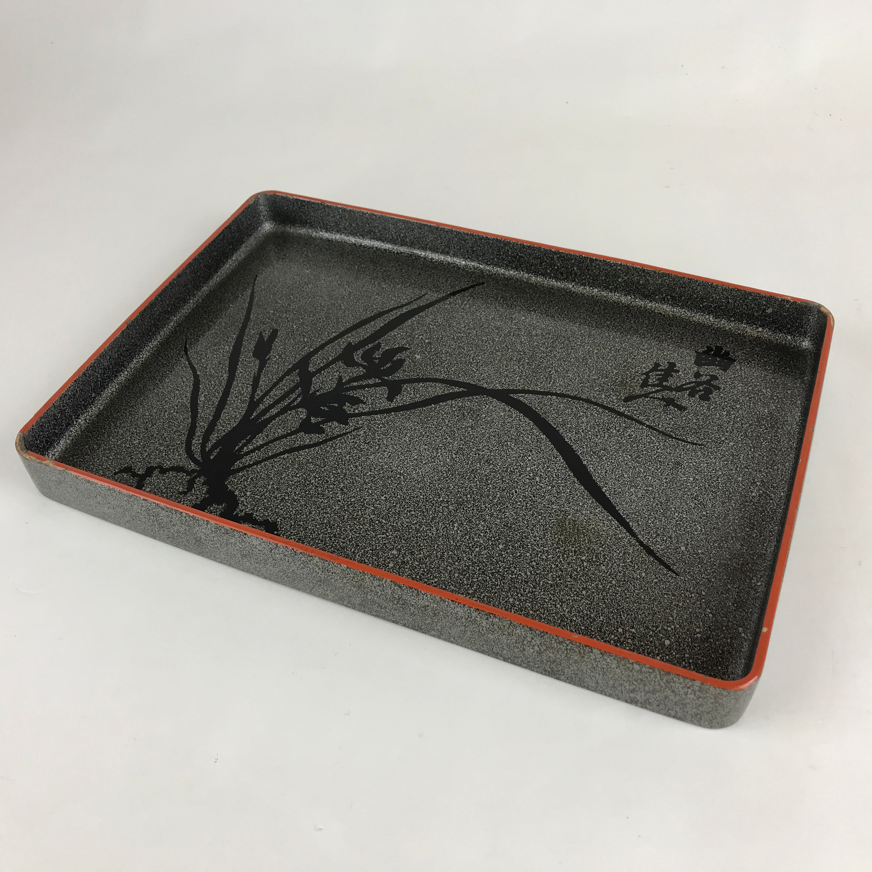 Japanese Wooden Lacquered Serving Tray Vtg Obon Grey Black Orchid UR863