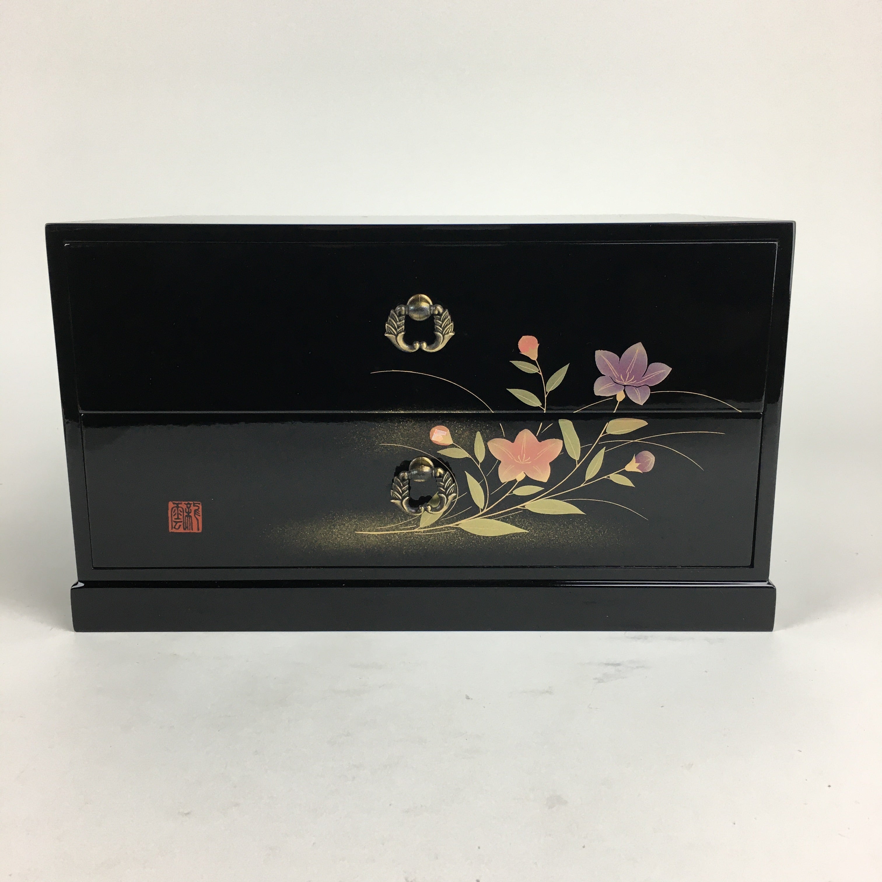 Japanese Wooden Lacquered Sewing Box Vtg Haribako Chest Tansu 2 Drawers T288