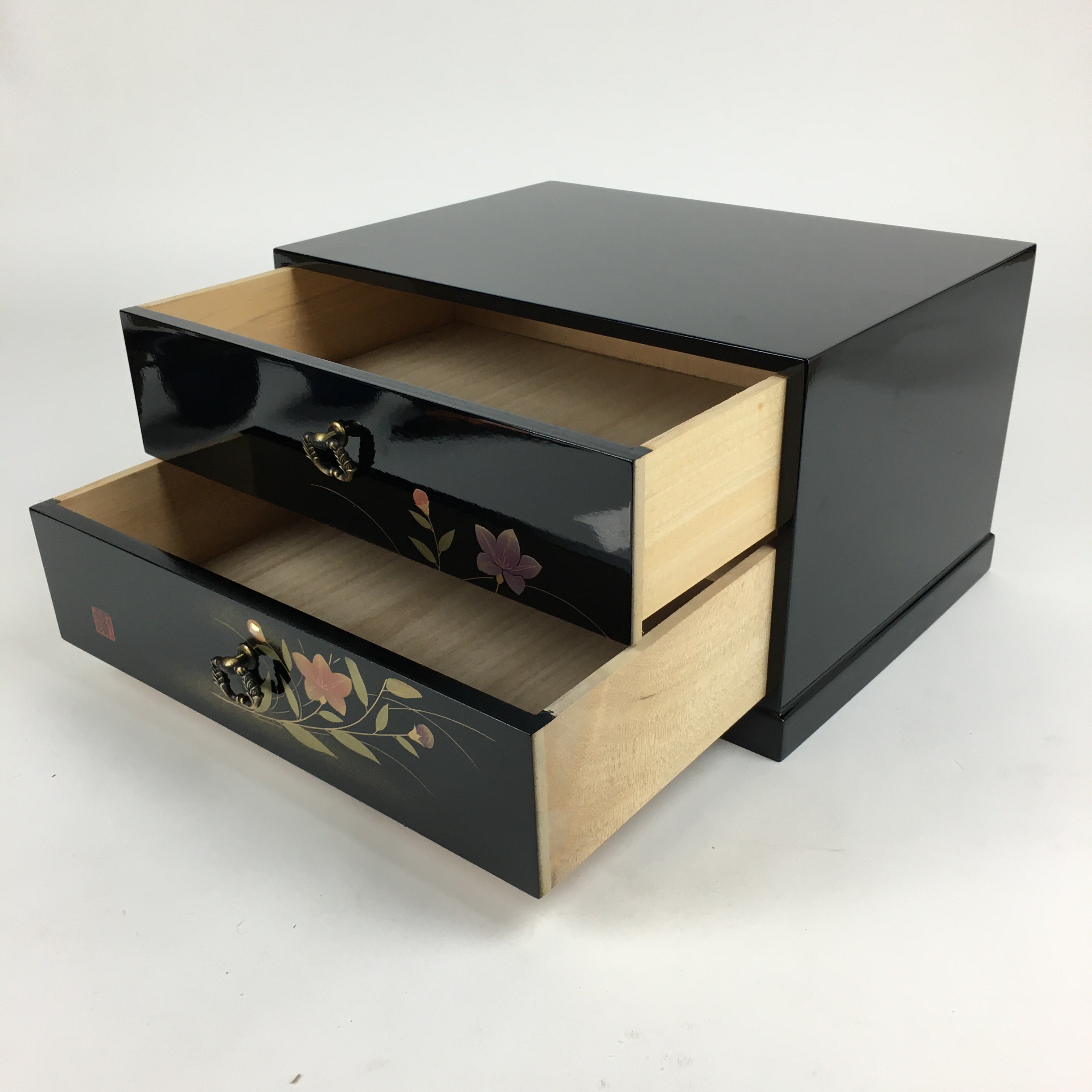 Japanese Wooden Lacquered Sewing Box Vtg Haribako Chest Tansu 2 Drawers T288