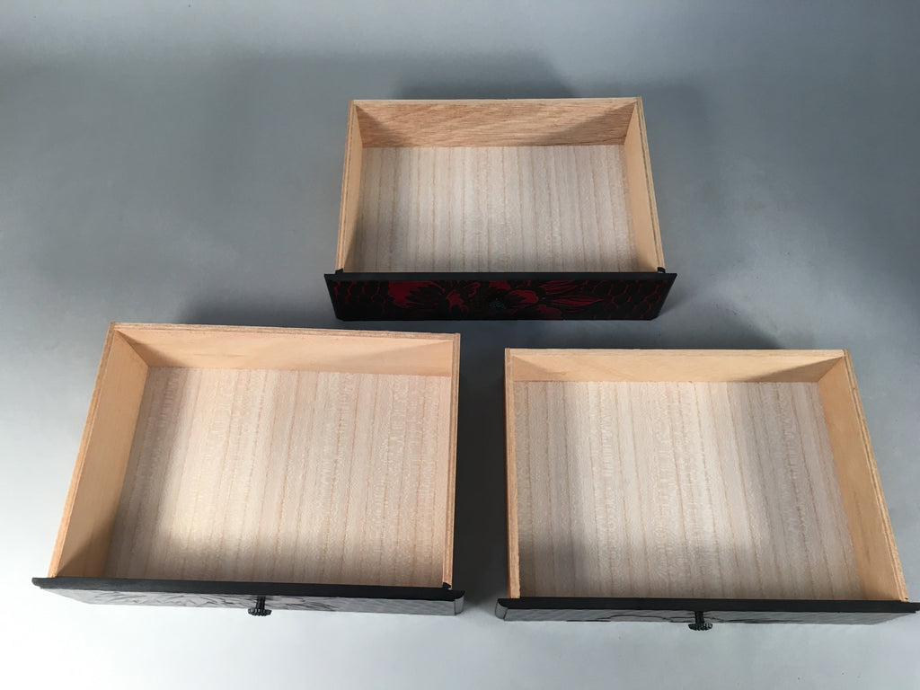 Japanese Wooden Lacquered Sewing Box Vtg Haribako Chest Tansu 3 Drawers T223