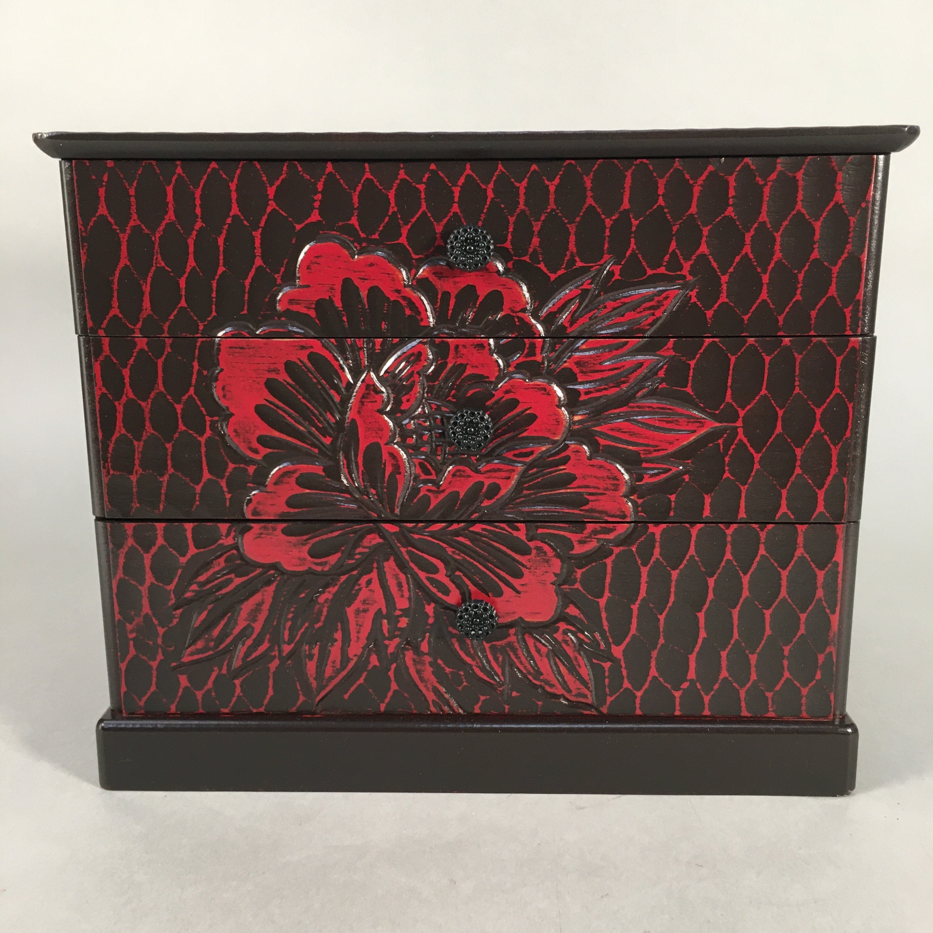 Japanese Wooden Lacquered Sewing Box Vtg Haribako Chest Tansu 3 Drawers T223