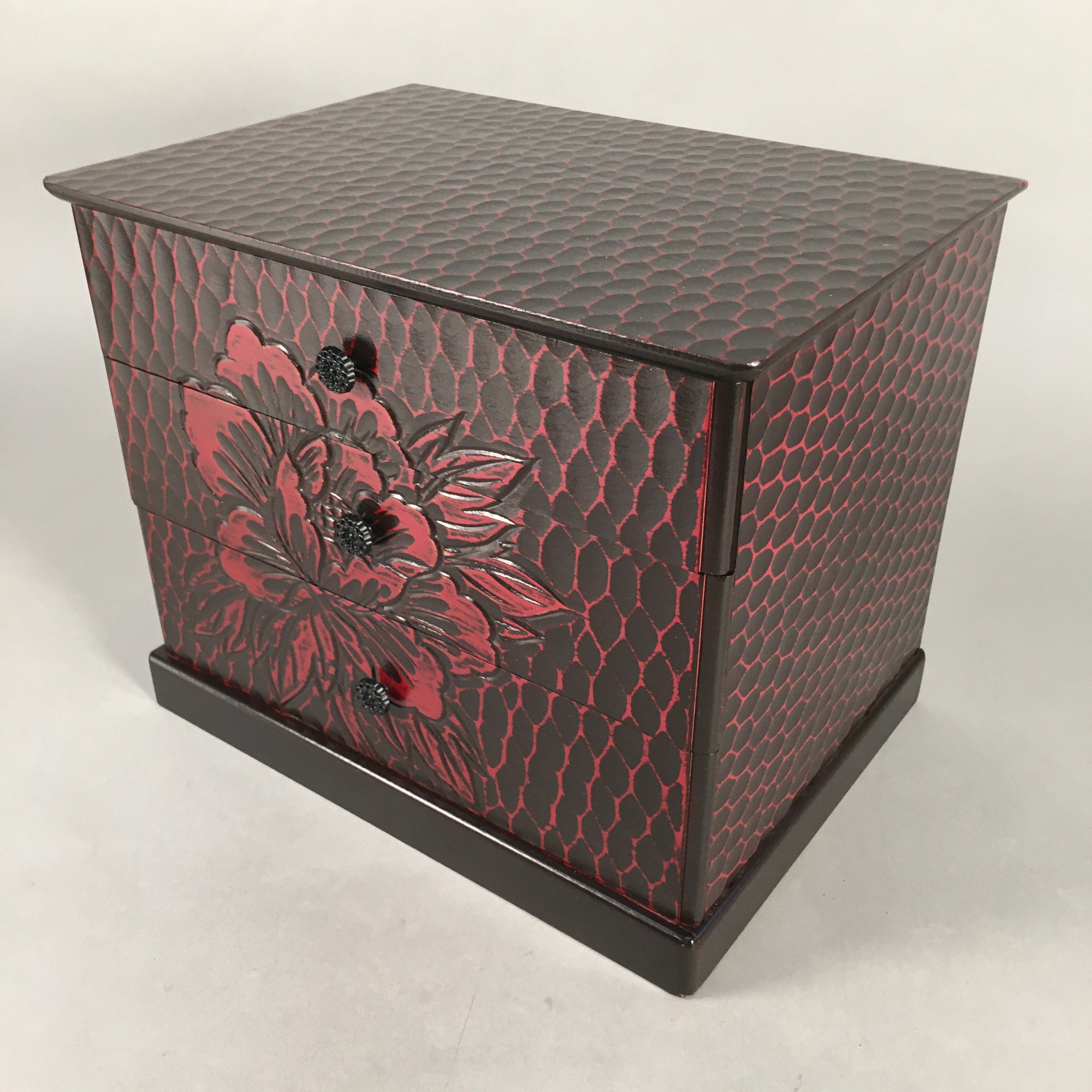 Japanese Wooden Lacquered Sewing Box Vtg Haribako Chest Tansu 3 Drawers T223