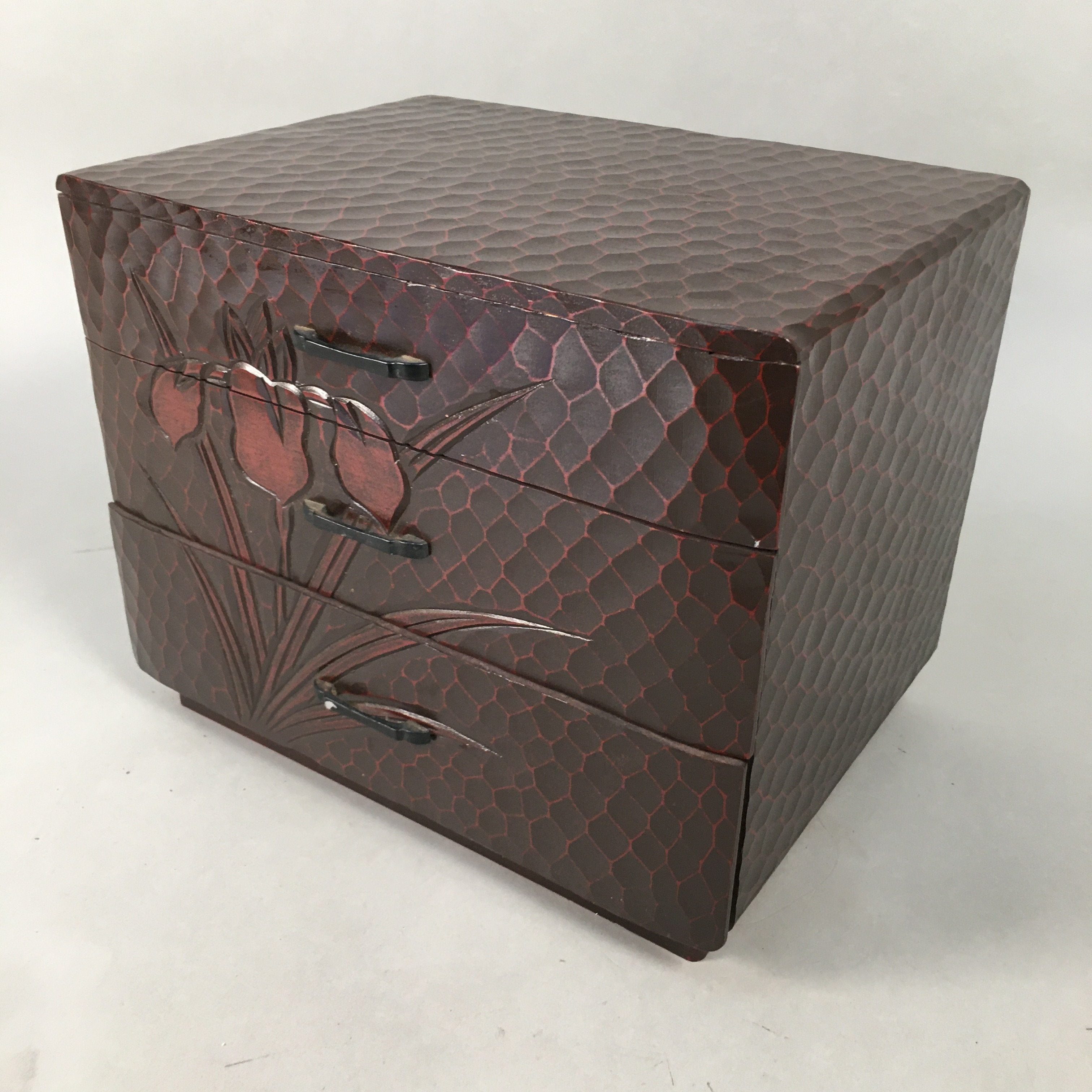 Japanese Wooden Lacquered Sewing Box Vtg Haribako Chest Tansu 3 Drawers T230