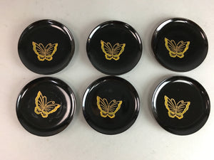 Japanese Wooden Lacquered Small Plate 6 pc Set Vtg Kozara Butterfly Design PX212