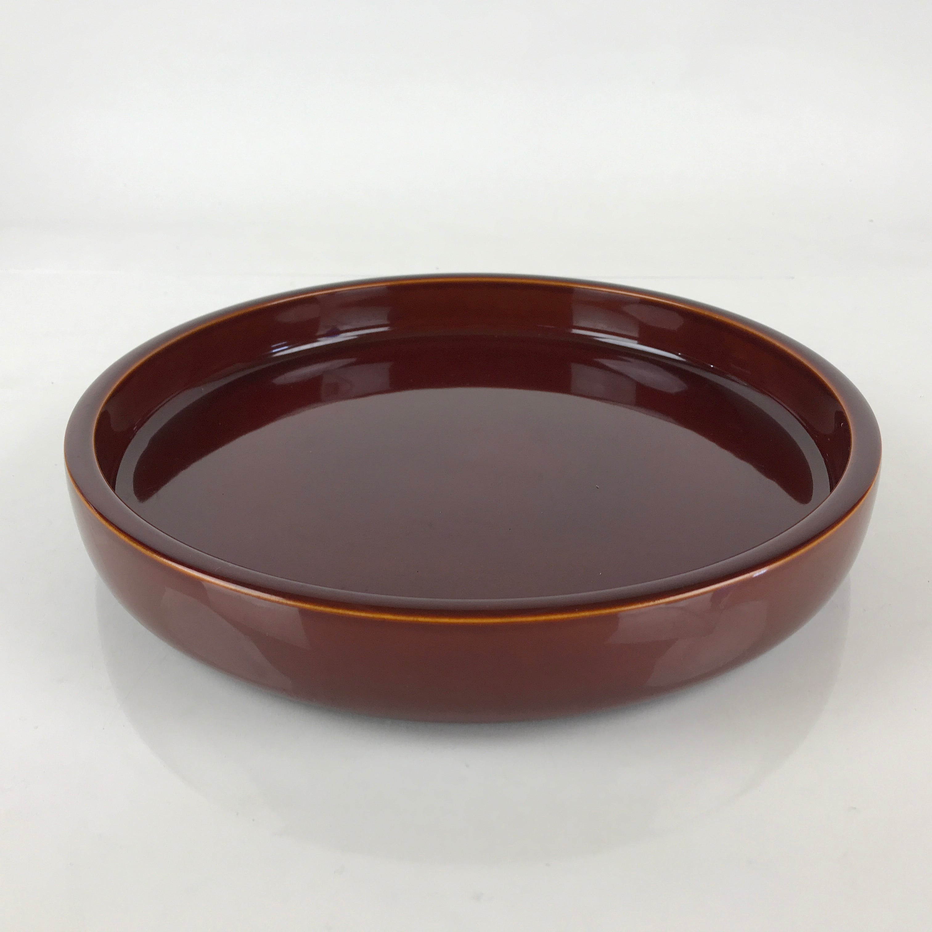 Japanese Wooden Lacquered Tray Obon Shunkei-Nuri Vtg Round Glossy Brown UR832