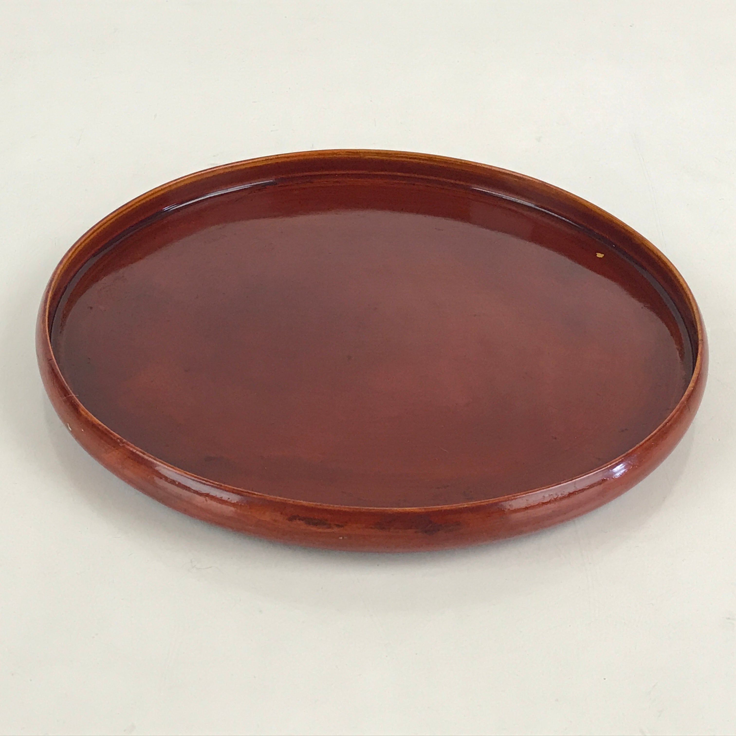 Japanese Wooden Lacquered Tray Obon Shunkei-Nuri Vtg Small Round Brown UR844