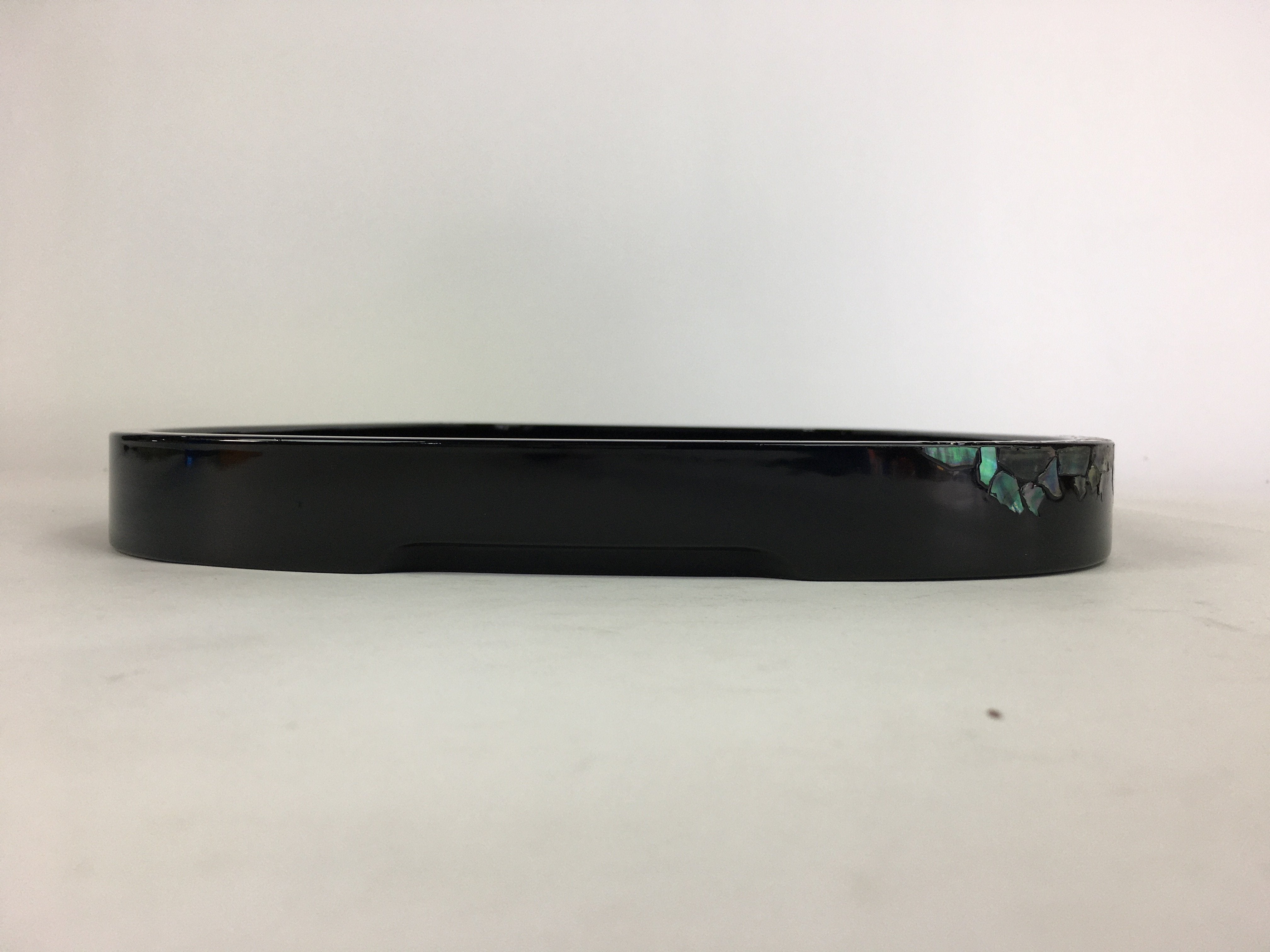 Japanese Wooden Lacquered Tray Obon Vtg Abalone Inlay Oval Shape Black UR509