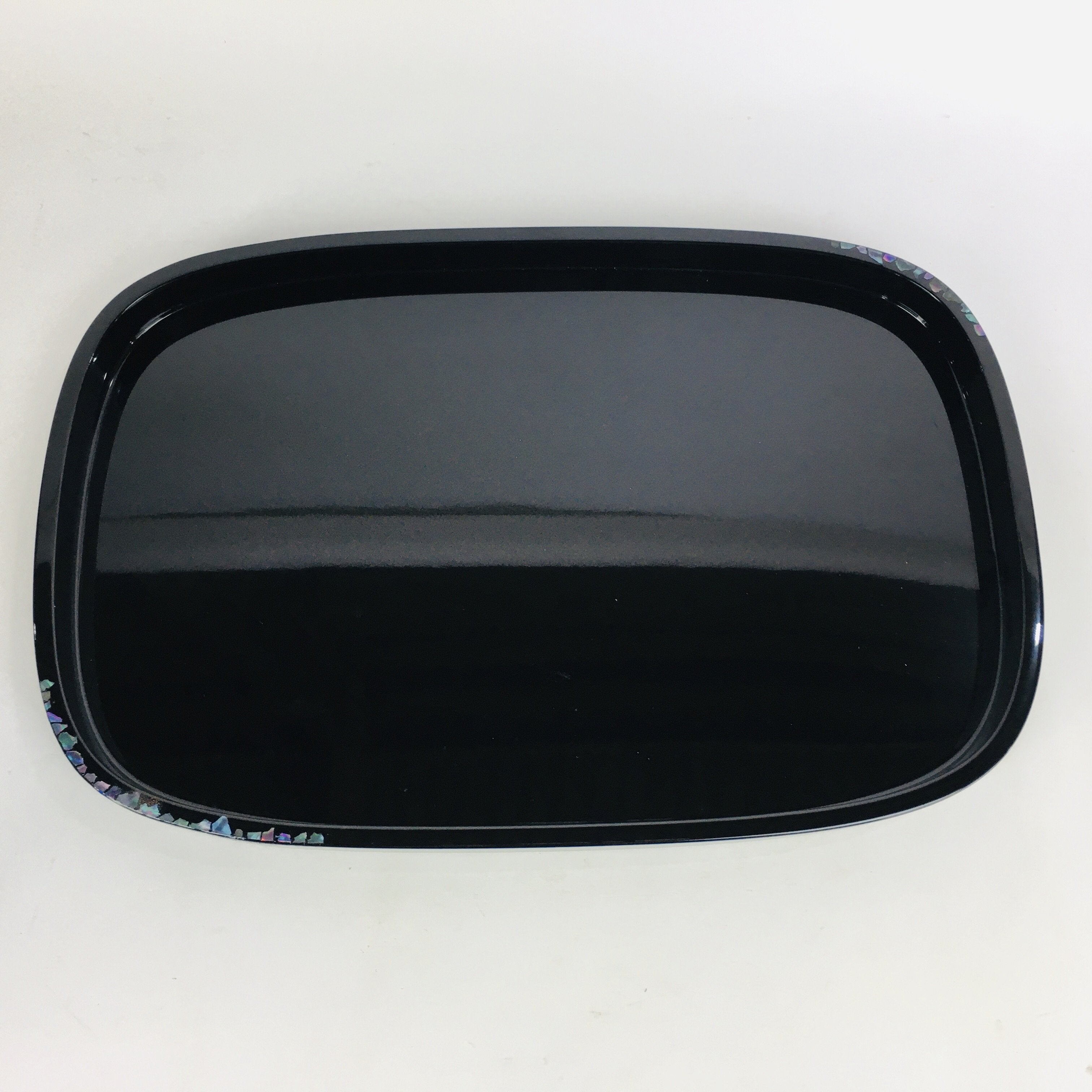 Japanese Wooden Lacquered Tray Obon Vtg Abalone Inlay Oval Shape Black UR509