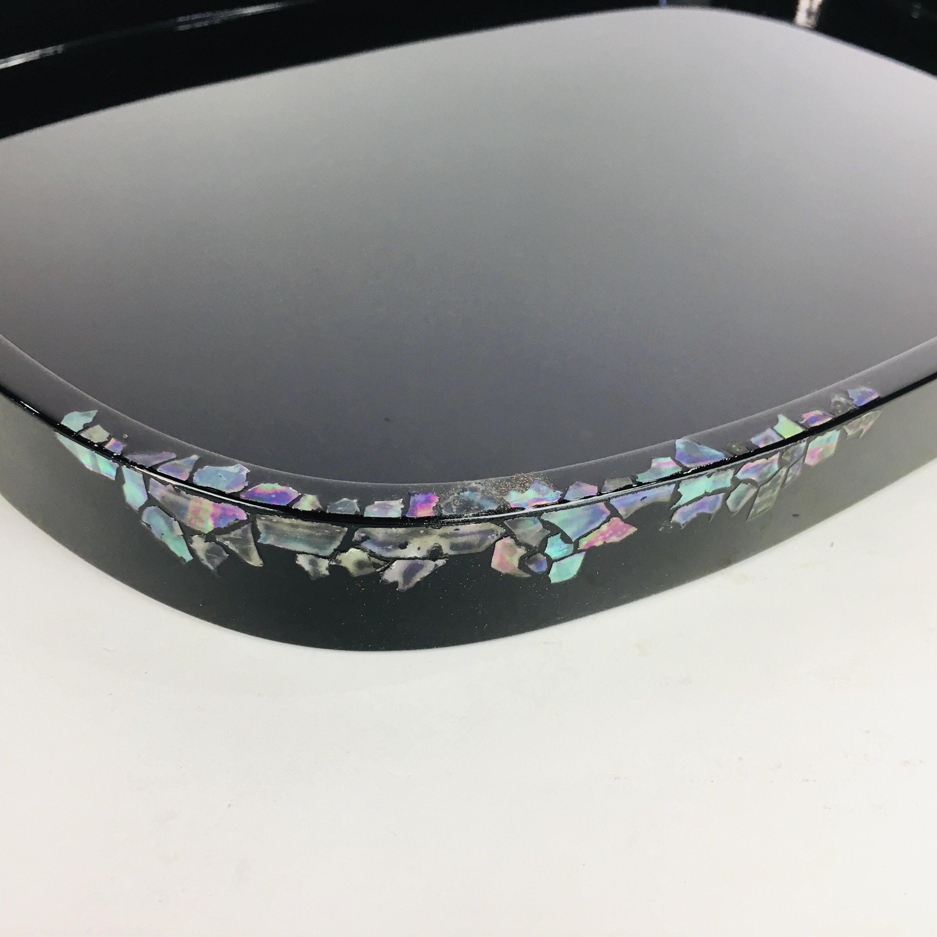 Japanese Wooden Lacquered Tray Obon Vtg Abalone Inlay Oval Shape Black UR509