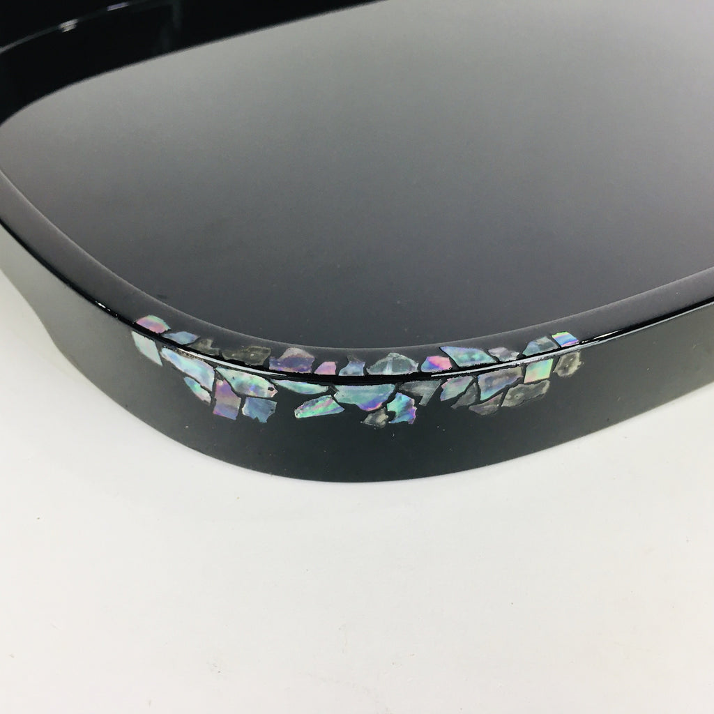 Japanese Wooden Lacquered Tray Obon Vtg Abalone Inlay Oval Shape Black UR509