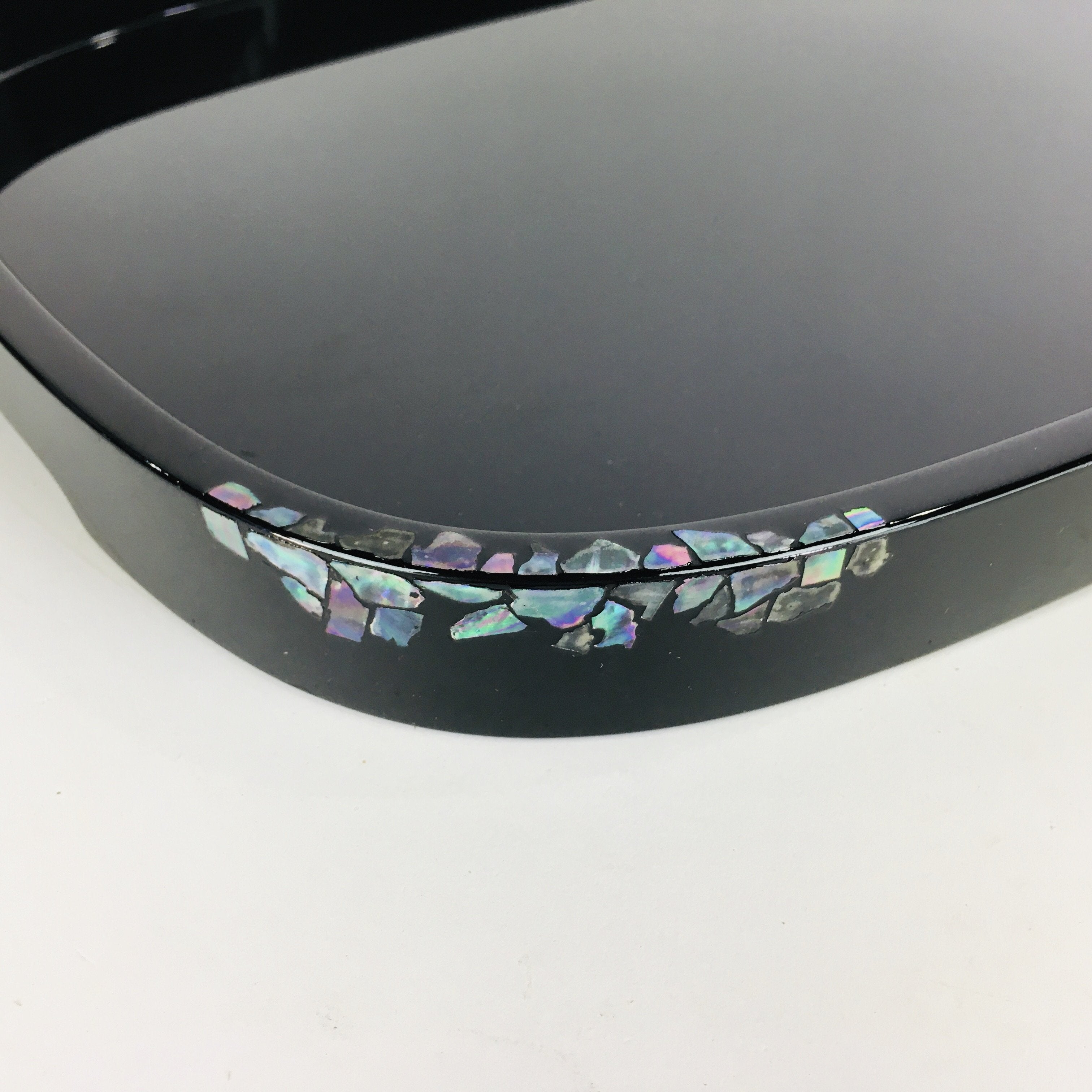 Japanese Wooden Lacquered Tray Obon Vtg Abalone Inlay Oval Shape Black UR509