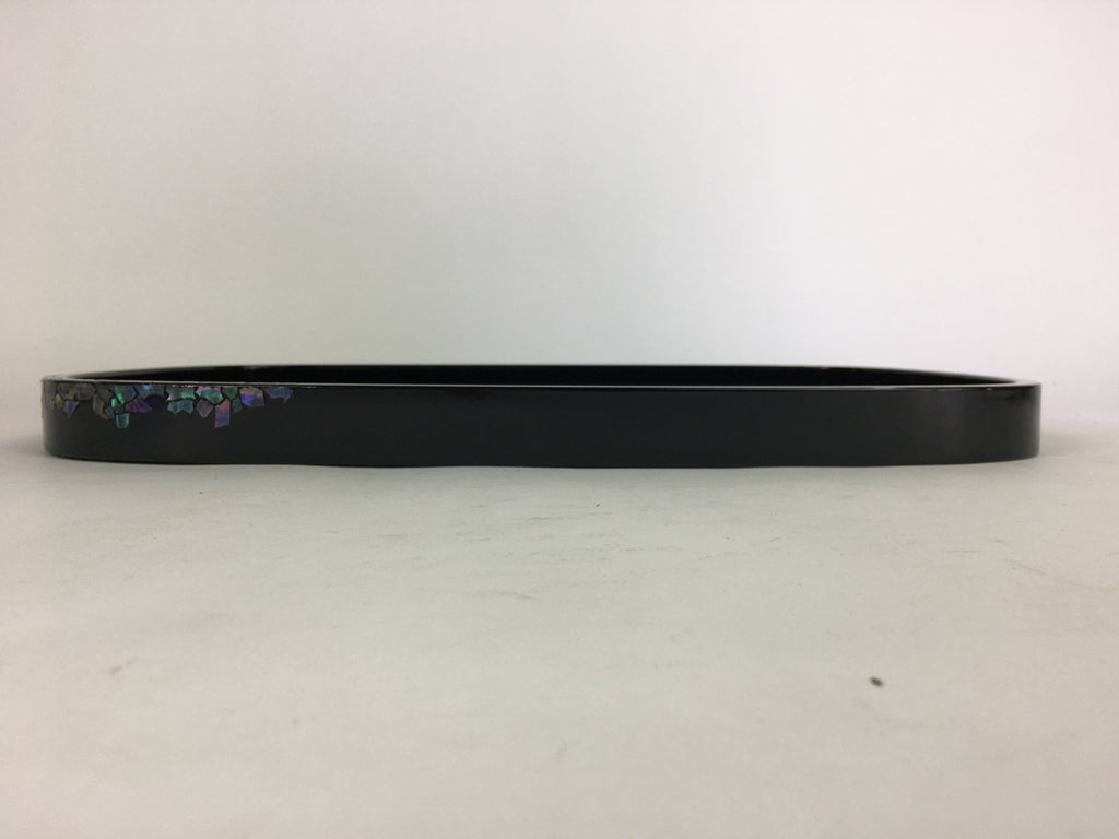 Japanese Wooden Lacquered Tray Obon Vtg Abalone Inlay Oval Shape Black UR509
