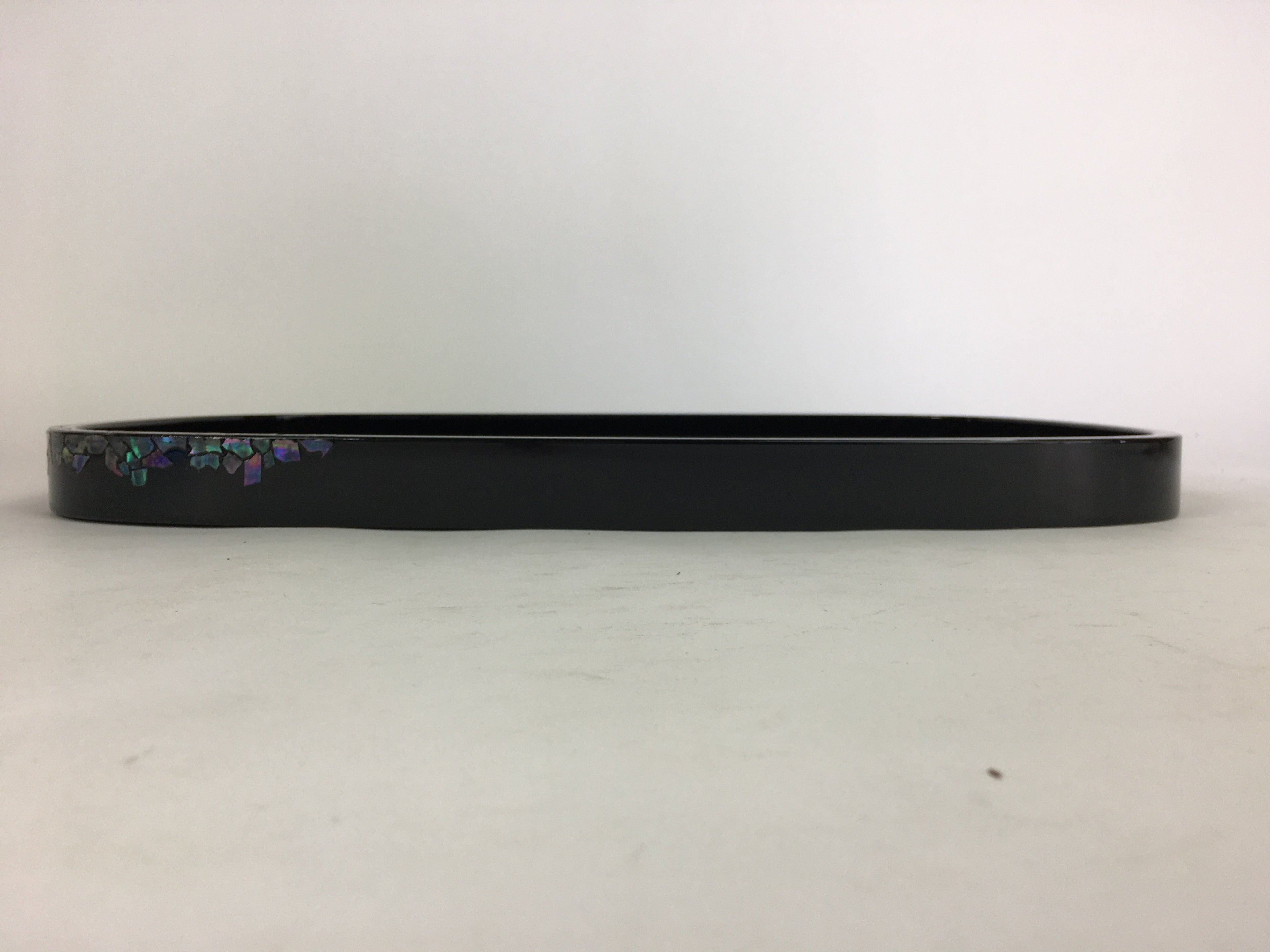 Japanese Wooden Lacquered Tray Obon Vtg Abalone Inlay Oval Shape Black UR509