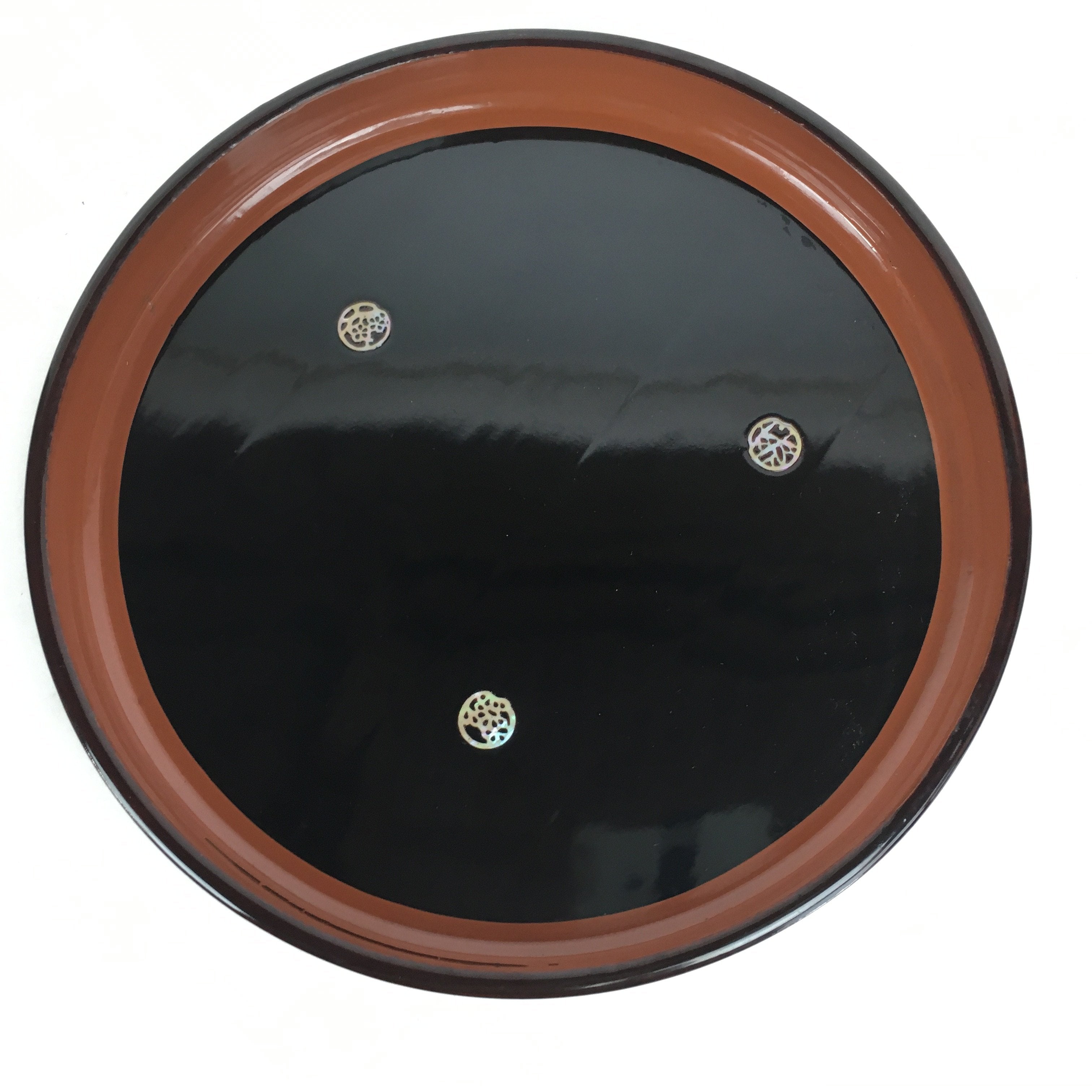 Japanese Wooden Lacquered Tray Obon Vtg Abalone Round Brown Black UR581