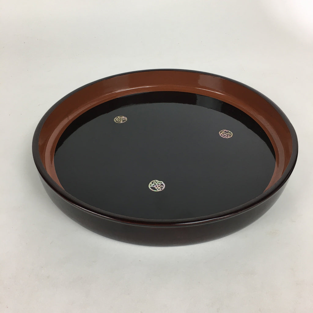 Japanese Wooden Lacquered Tray Obon Vtg Abalone Round Brown Black UR581