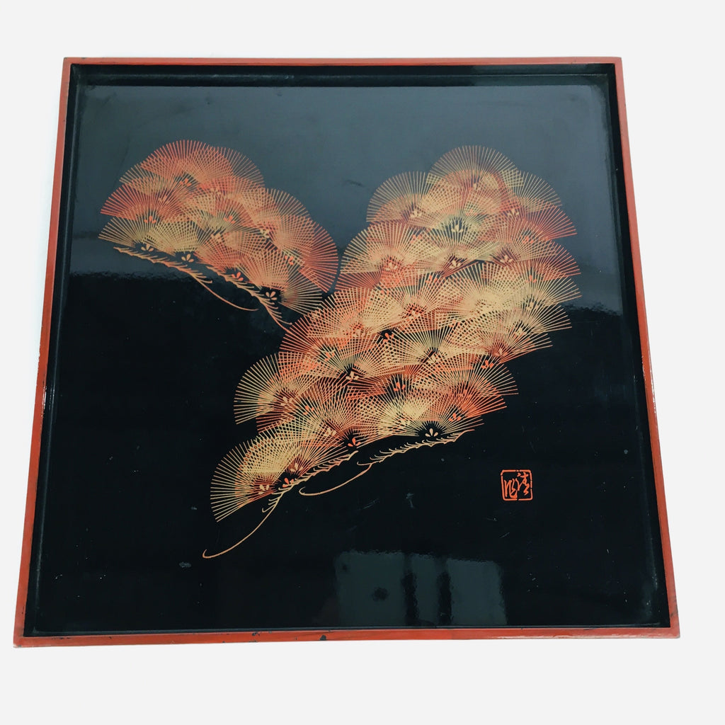 Japanese Wooden Lacquered Tray Obon Vtg Nurimono Black Square Shape LWB44