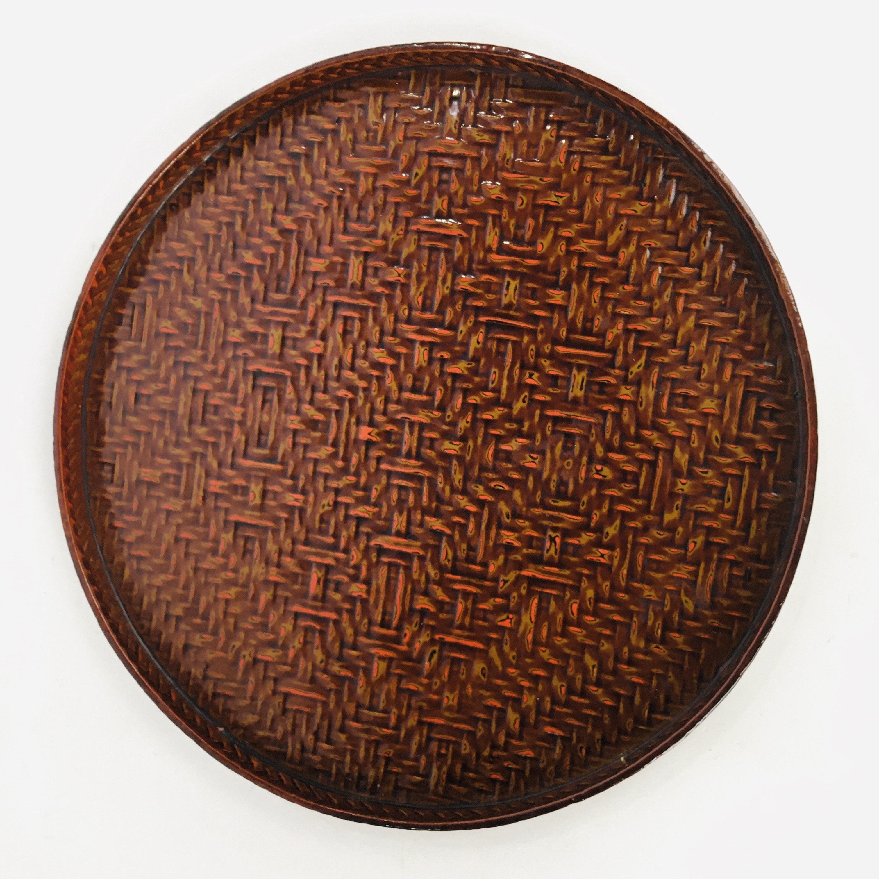Japanese Wooden Lacquered Tray Obon Vtg Nurimono Brown Ajirobon Round UR497