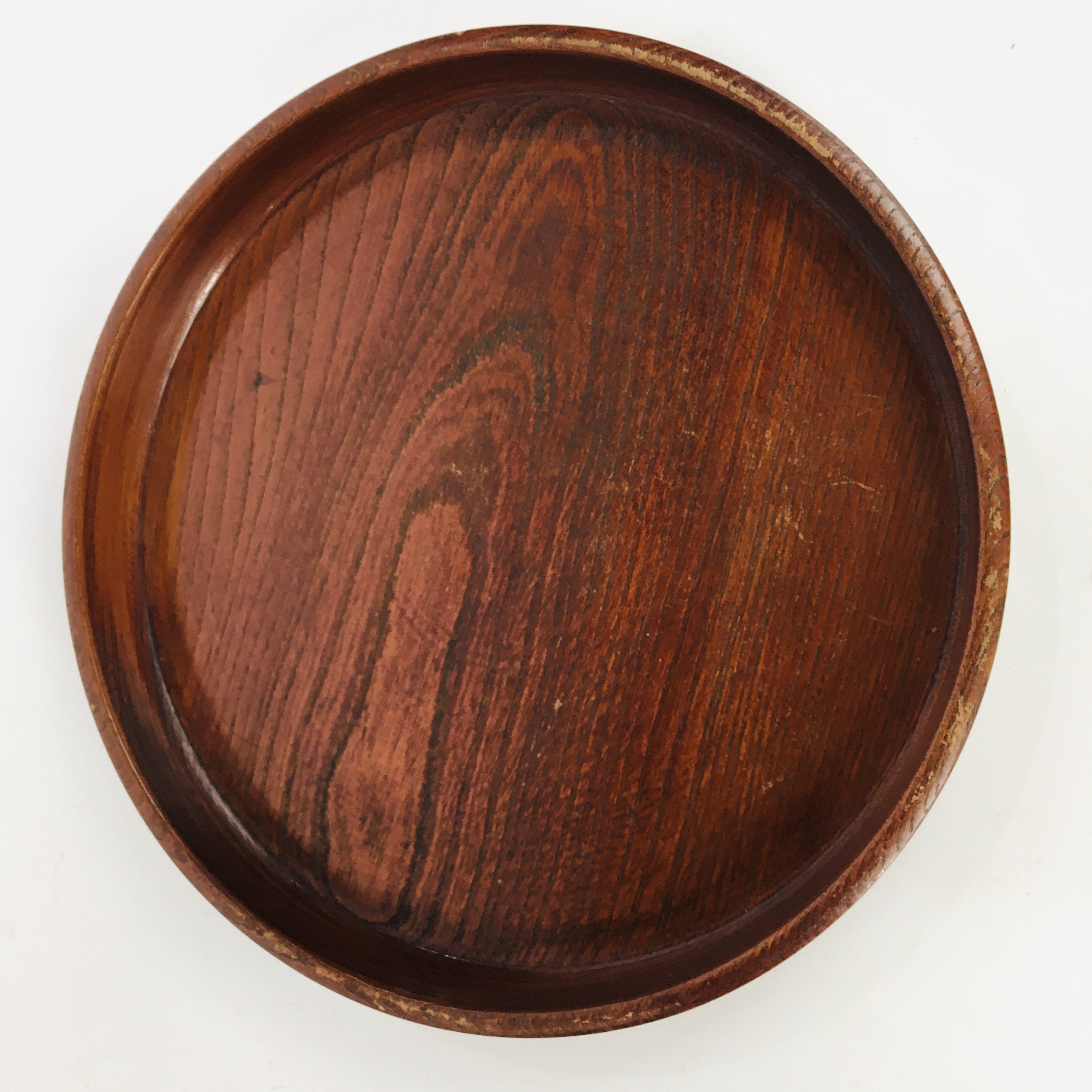 Japanese Wooden Lacquered Tray Obon Vtg Nurimono Brown Round Shape UR495
