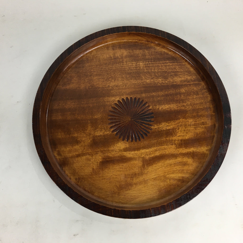 Japanese Wooden Lacquered Tray Obon Vtg Nutural Wood Round Brown UR545