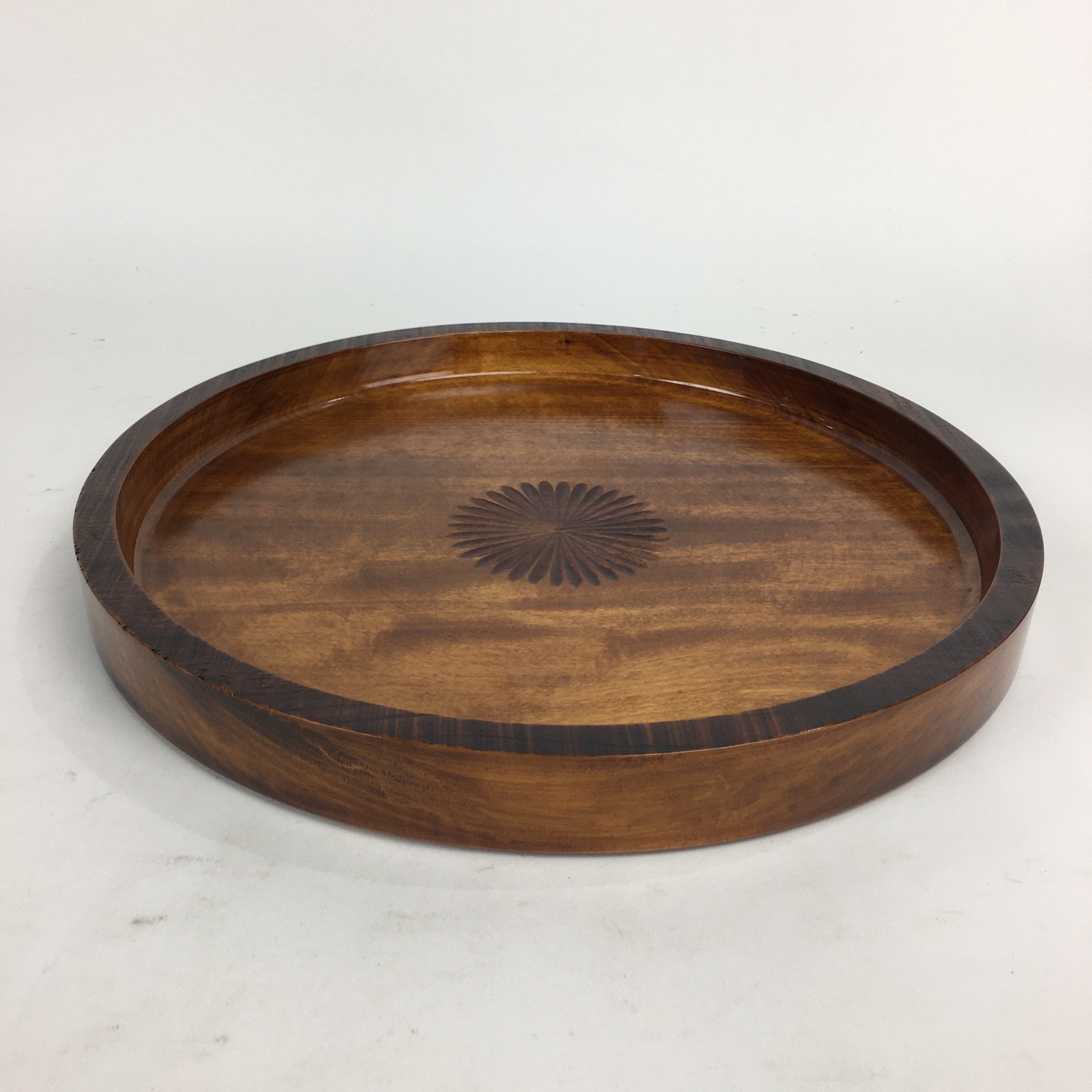 Japanese Wooden Lacquered Tray Obon Vtg Nutural Wood Round Brown UR545