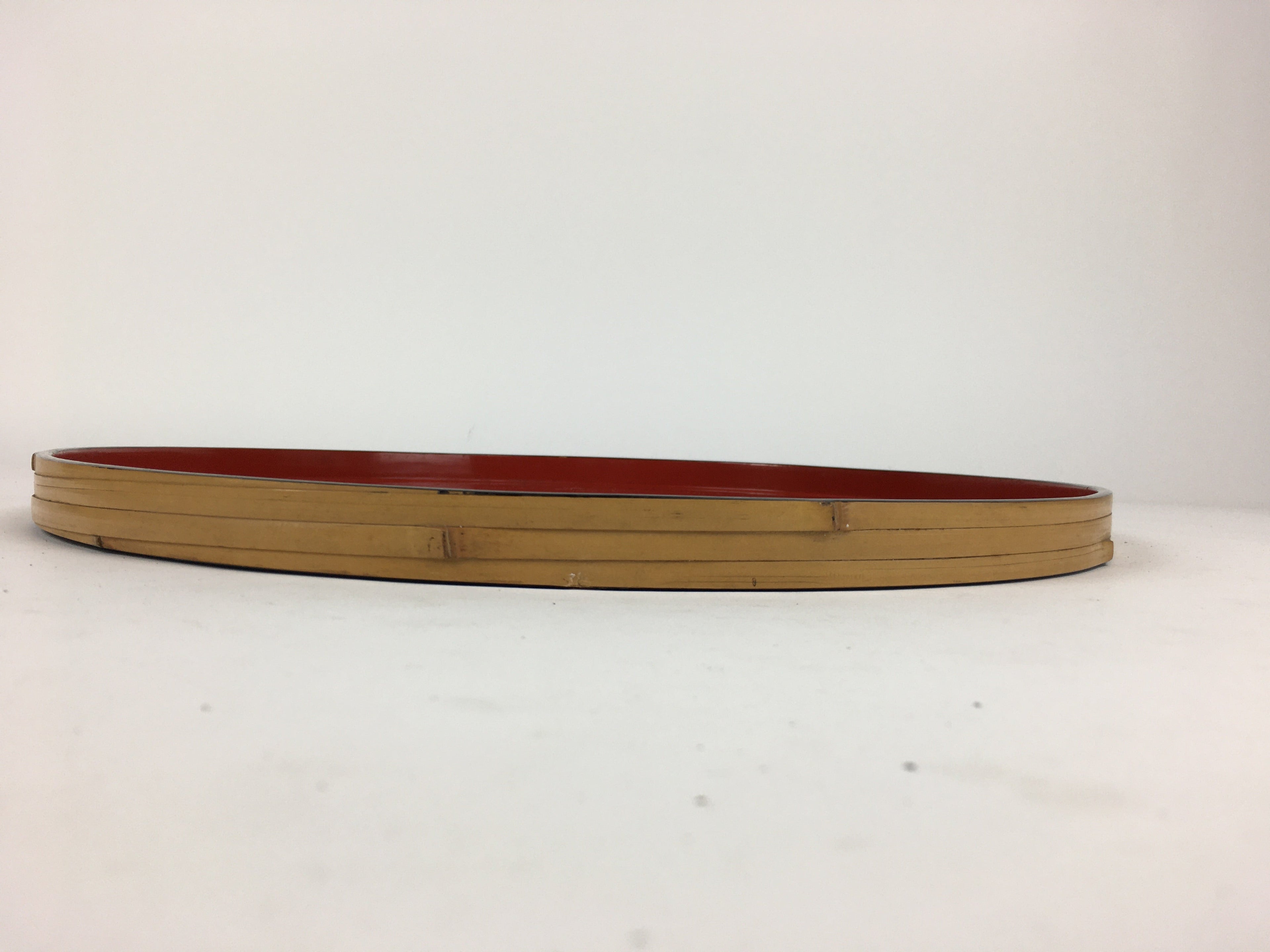 Japanese Wooden Lacquered Tray Obon Vtg Round Bamboo Work UR633