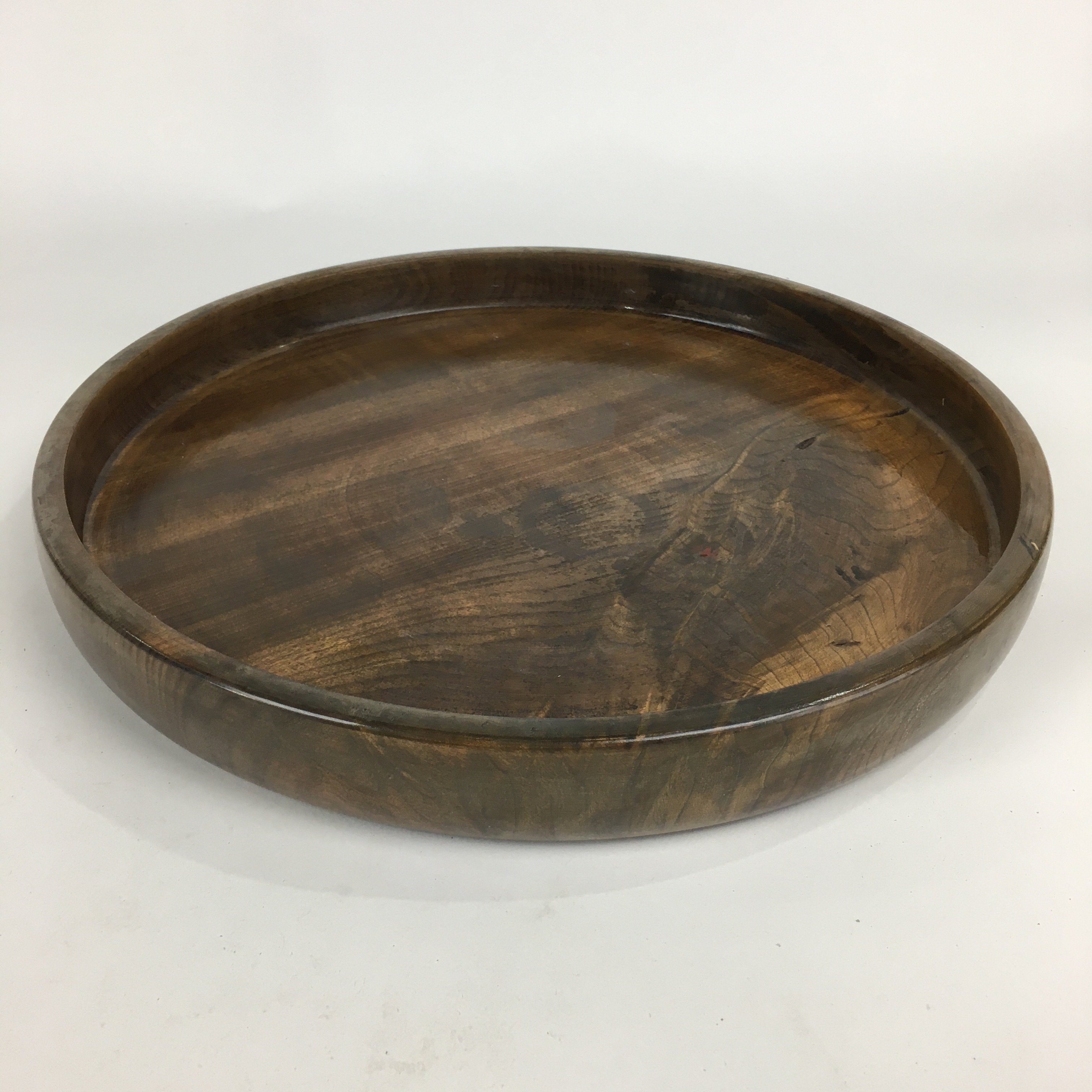 Japanese Wooden Lacquered Tray Obon Vtg Round Natural Wood Brown UR612