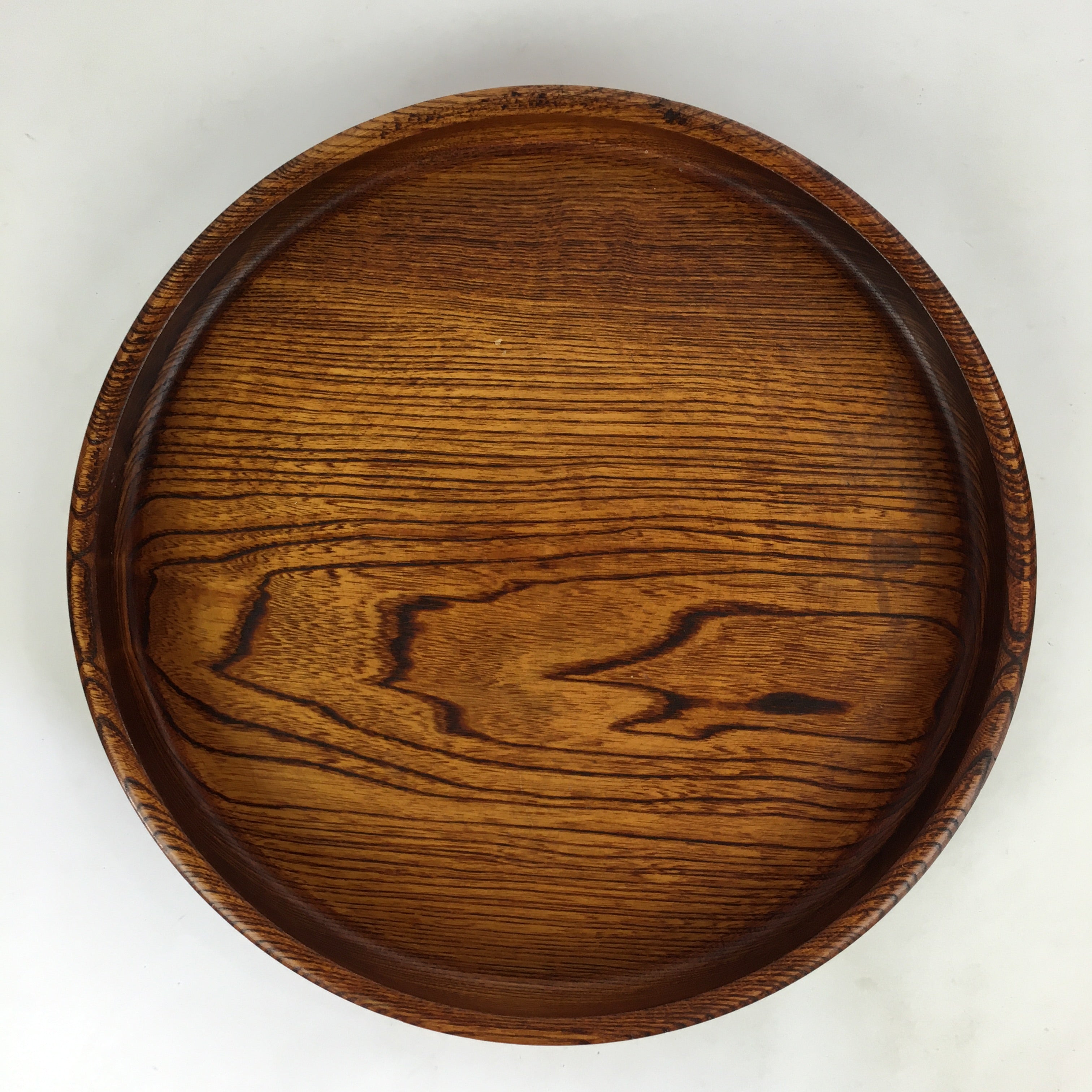 Japanese Wooden Lacquered Tray Obon Vtg Round Natural Wood Brown UR705